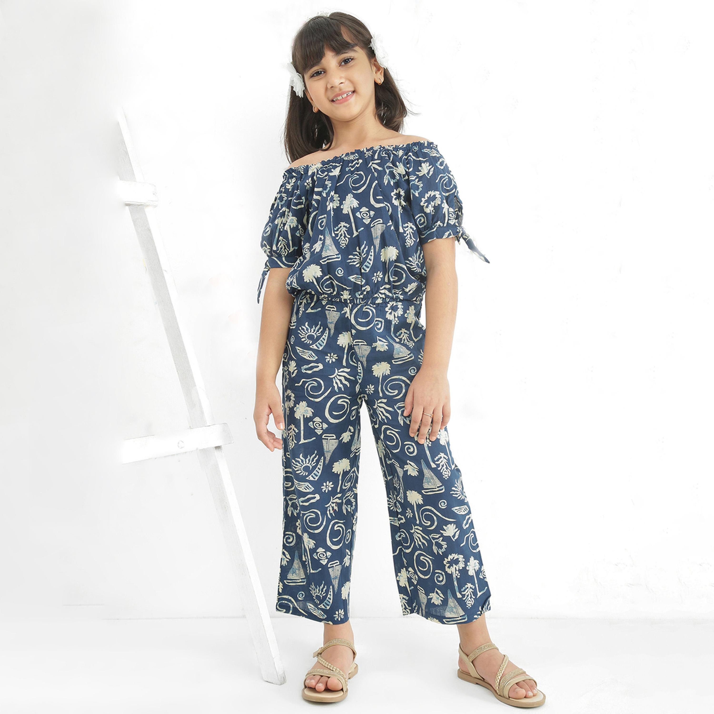 Globus X Styli Girls Blue Off Shoulder Abstract Print Top with Pants Set-girls-clothing-setsandcoords-image-1
