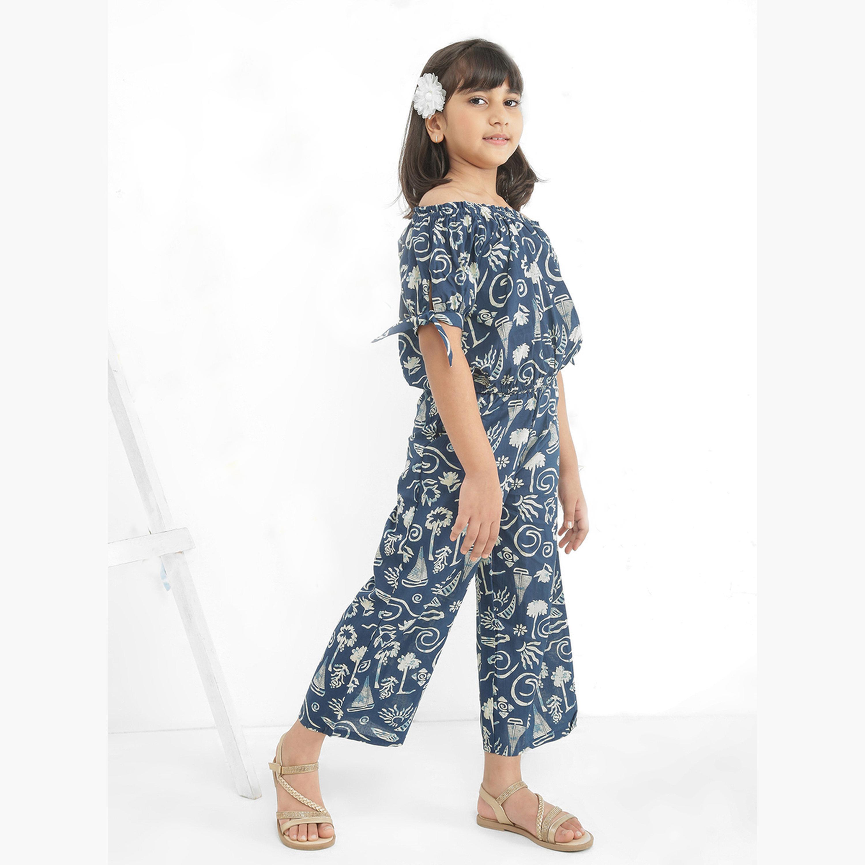 Globus X Styli Girls Blue Off Shoulder Abstract Print Top with Pants Set-girls-clothing-setsandcoords-image-2