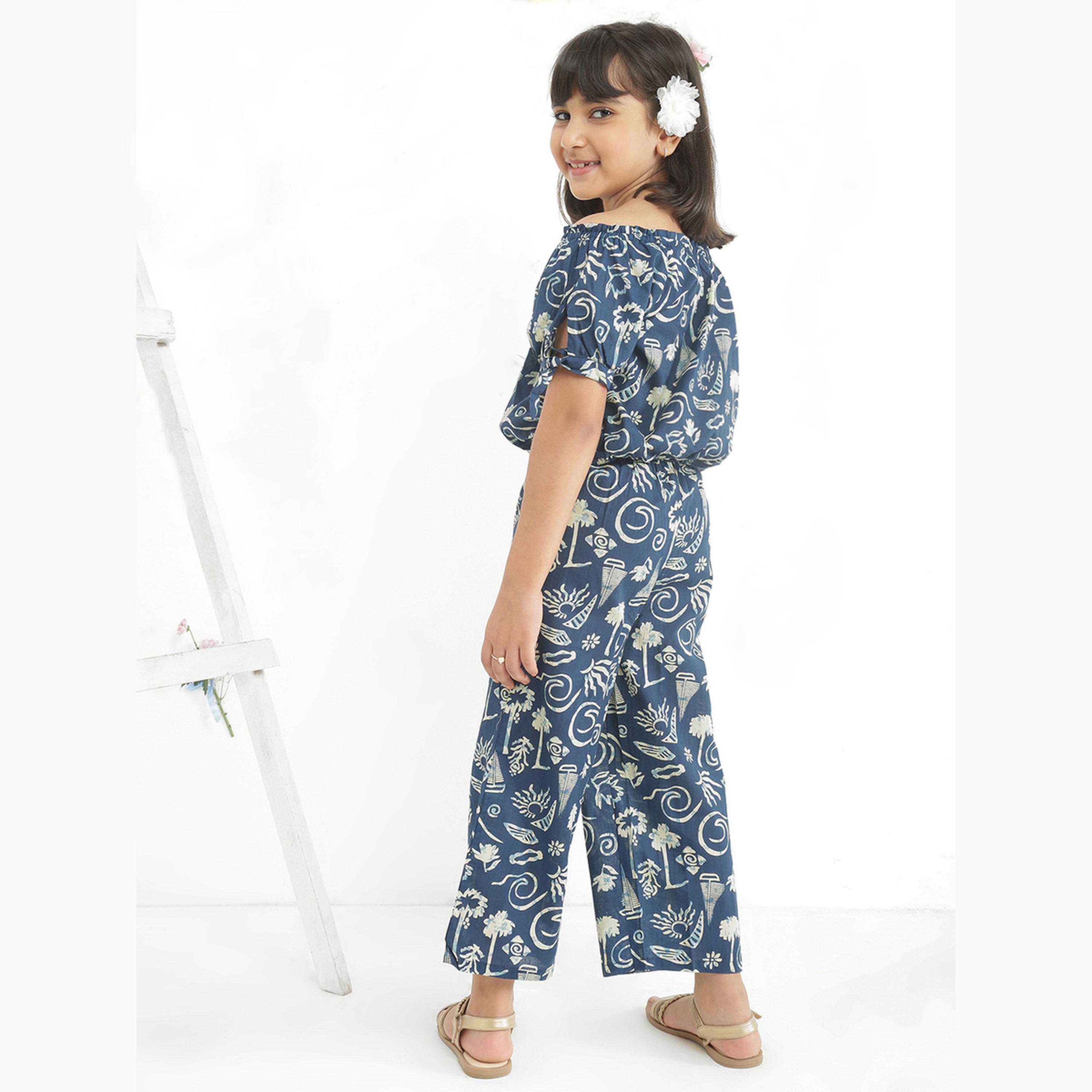 Globus X Styli Girls Blue Off Shoulder Abstract Print Top with Pants Set-girls-clothing-setsandcoords-image-3
