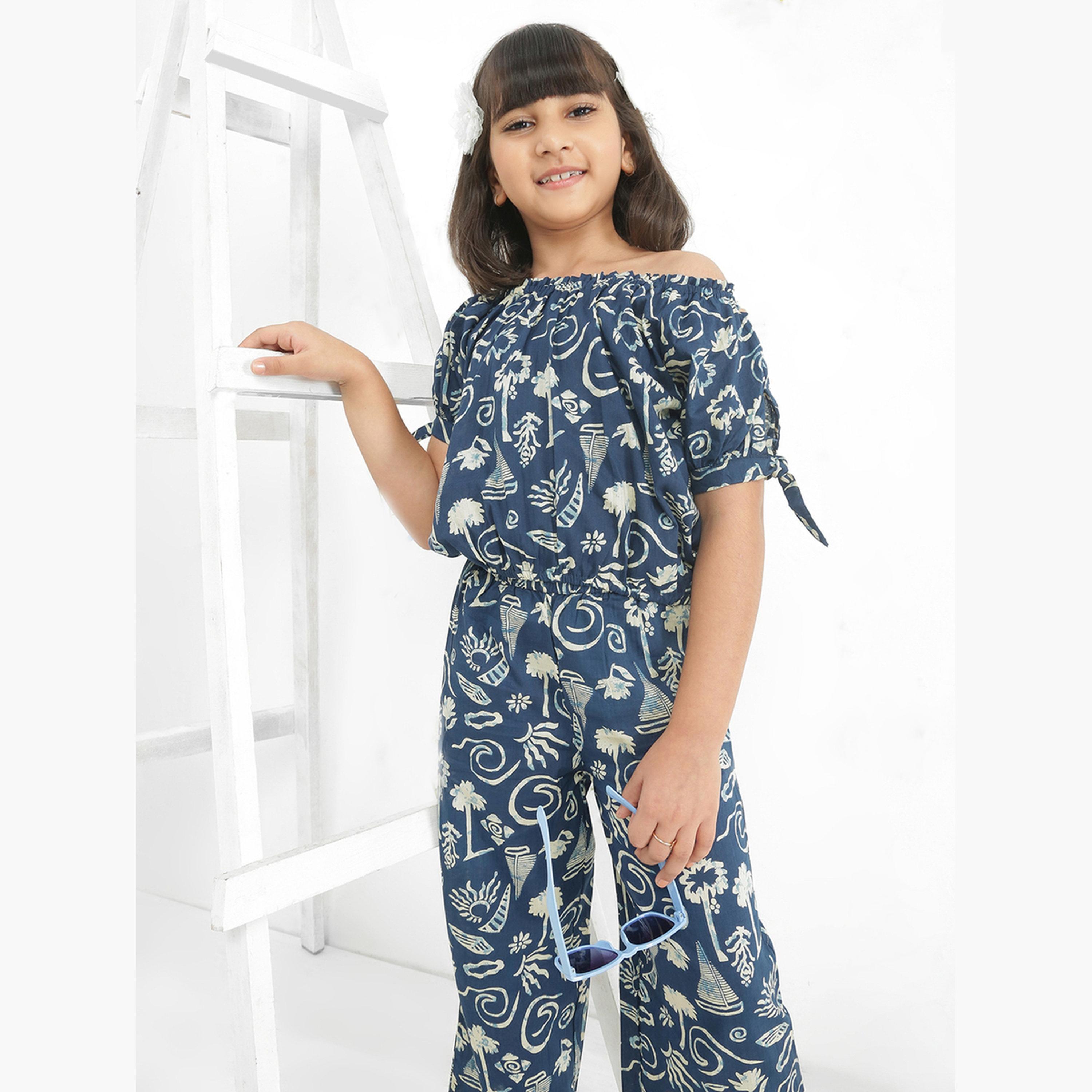 Globus X Styli Girls Blue Off Shoulder Abstract Print Top with Pants Set-girls-clothing-setsandcoords-image-4