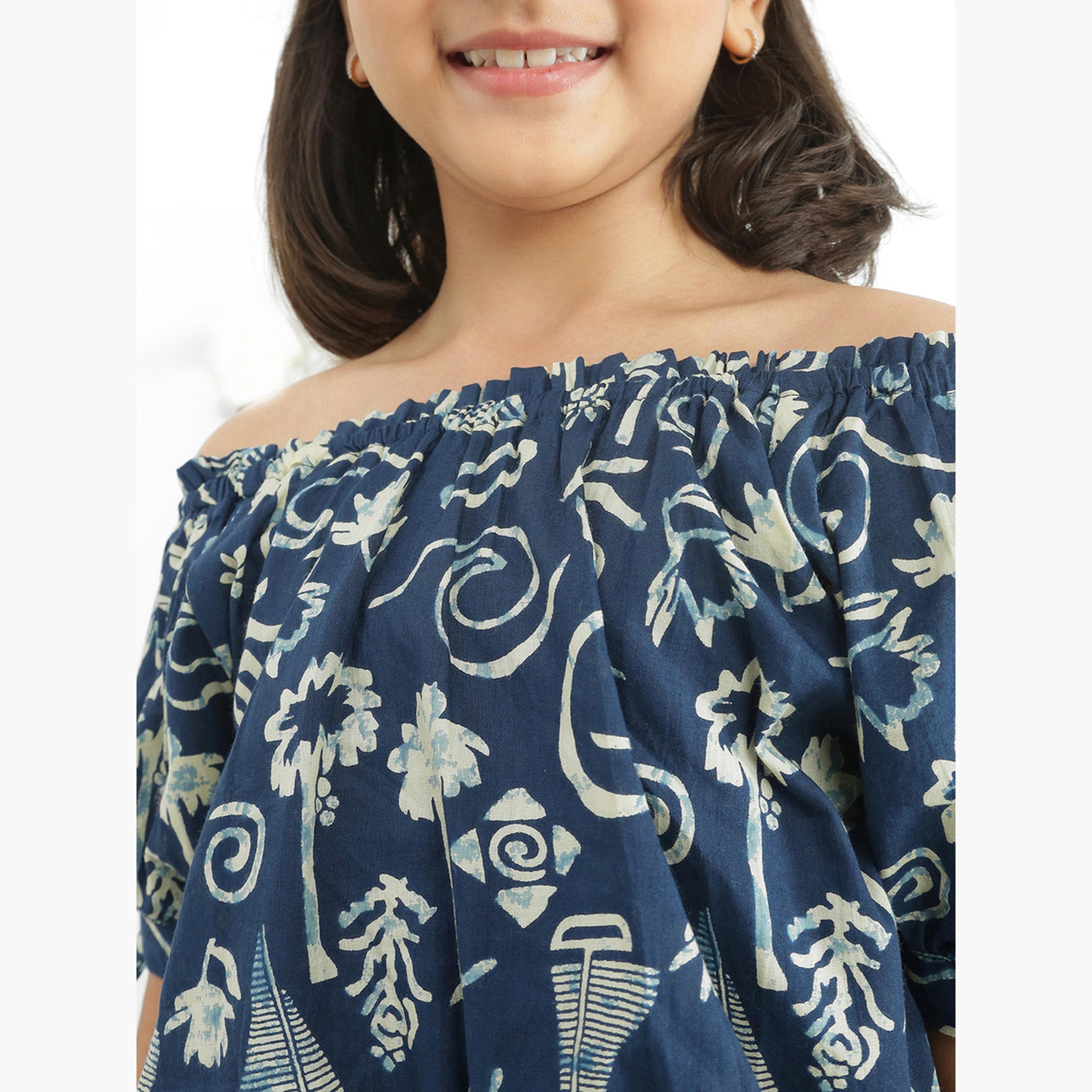 Globus X Styli Girls Blue Off Shoulder Abstract Print Top with Pants Set-girls-clothing-setsandcoords-image-6