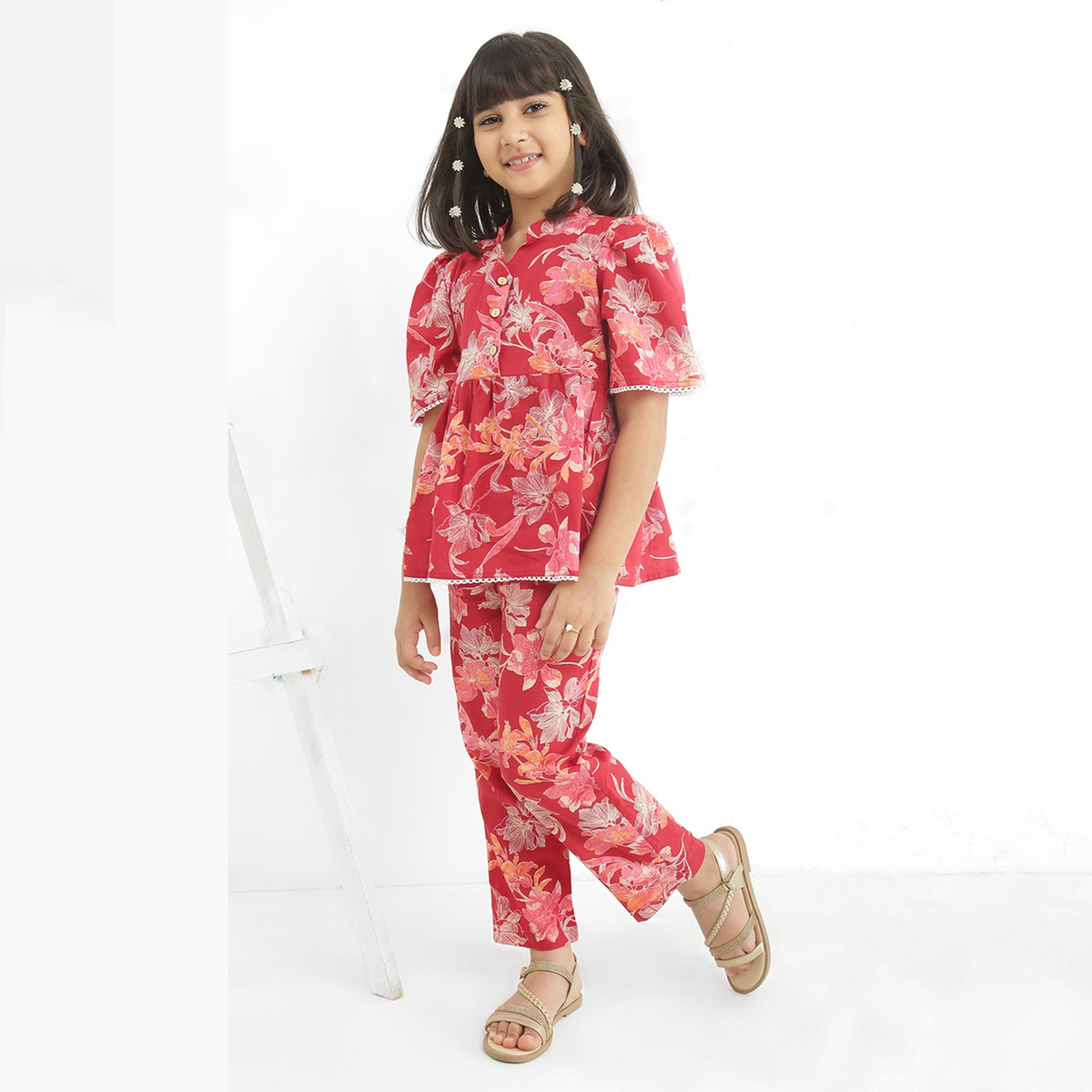 Globus X Styli Girls Maroon Floral Print Tunic with Pants Set-girls-clothing-setsandcoords-image-1