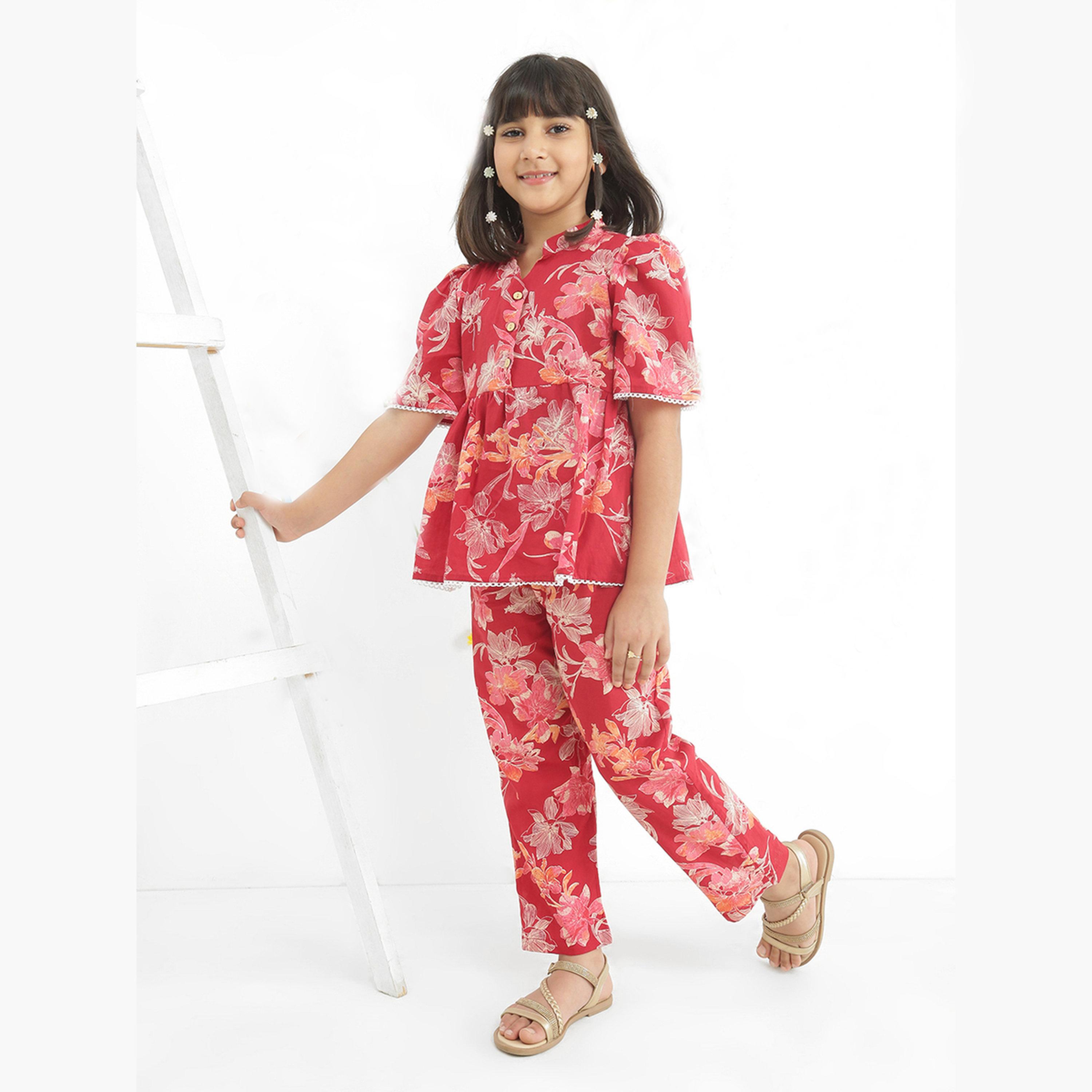 Globus X Styli Girls Maroon Floral Print Tunic with Pants Set-girls-clothing-setsandcoords-image-2