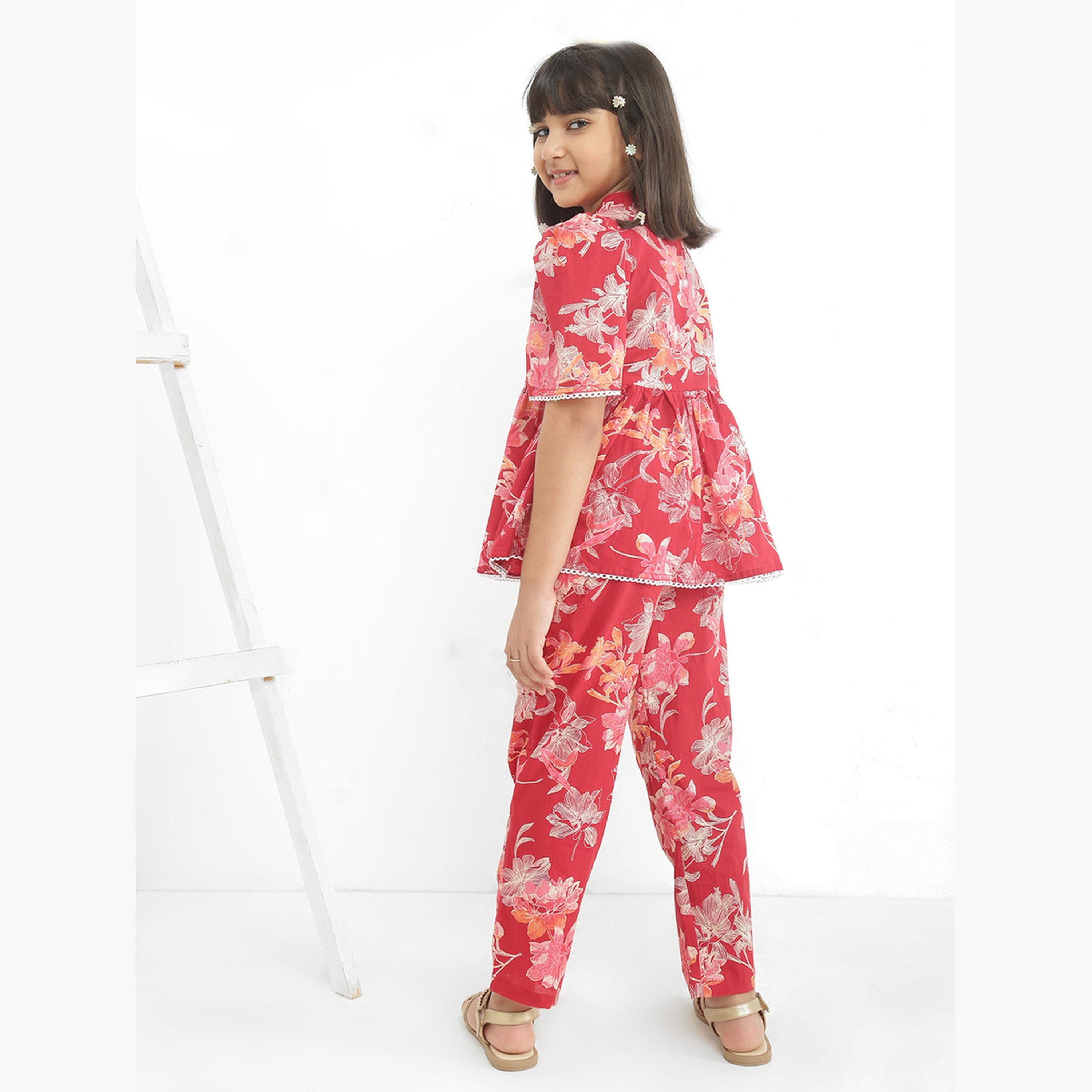 Globus X Styli Girls Maroon Floral Print Tunic with Pants Set-girls-clothing-setsandcoords-image-3