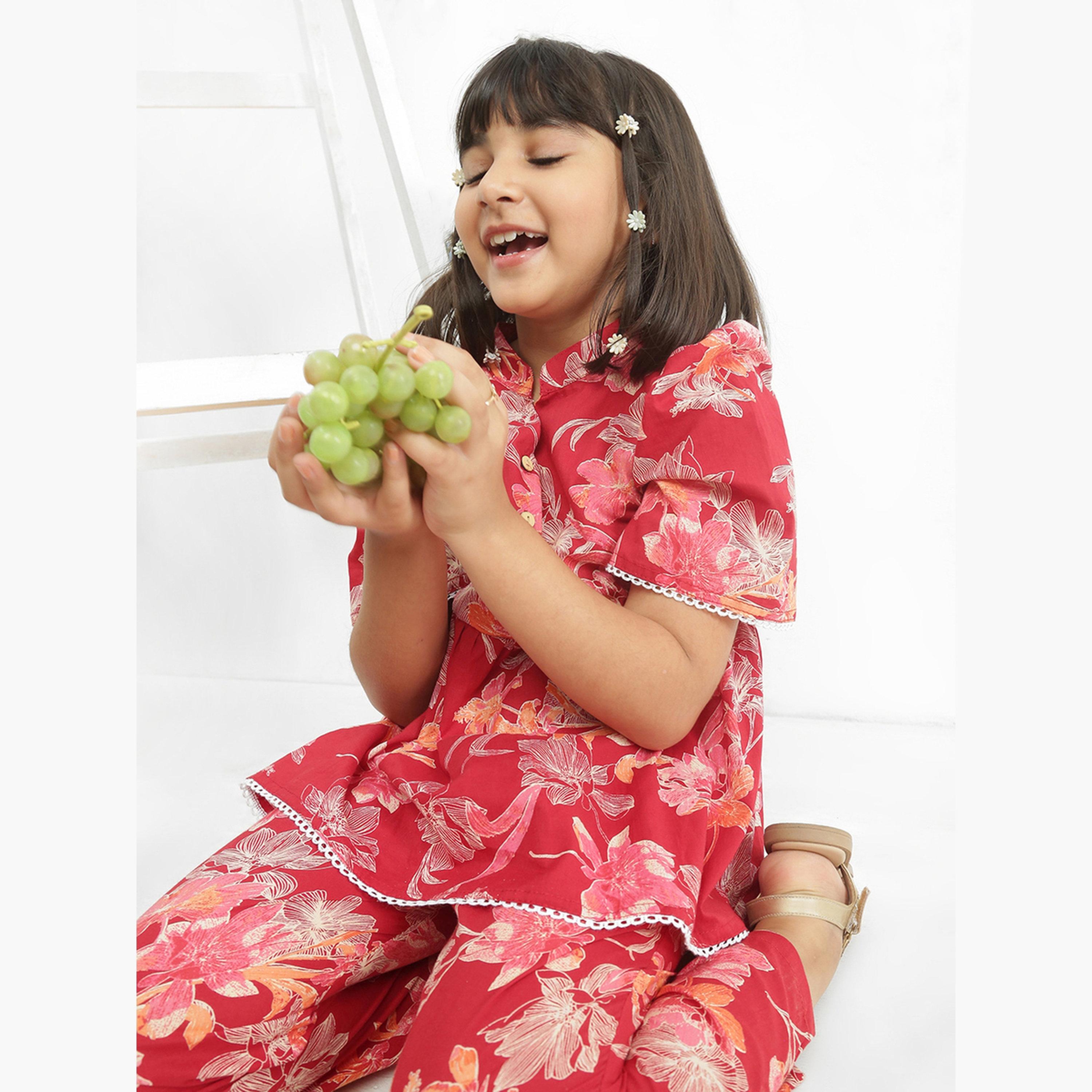Globus X Styli Girls Maroon Floral Print Tunic with Pants Set-girls-clothing-setsandcoords-image-4