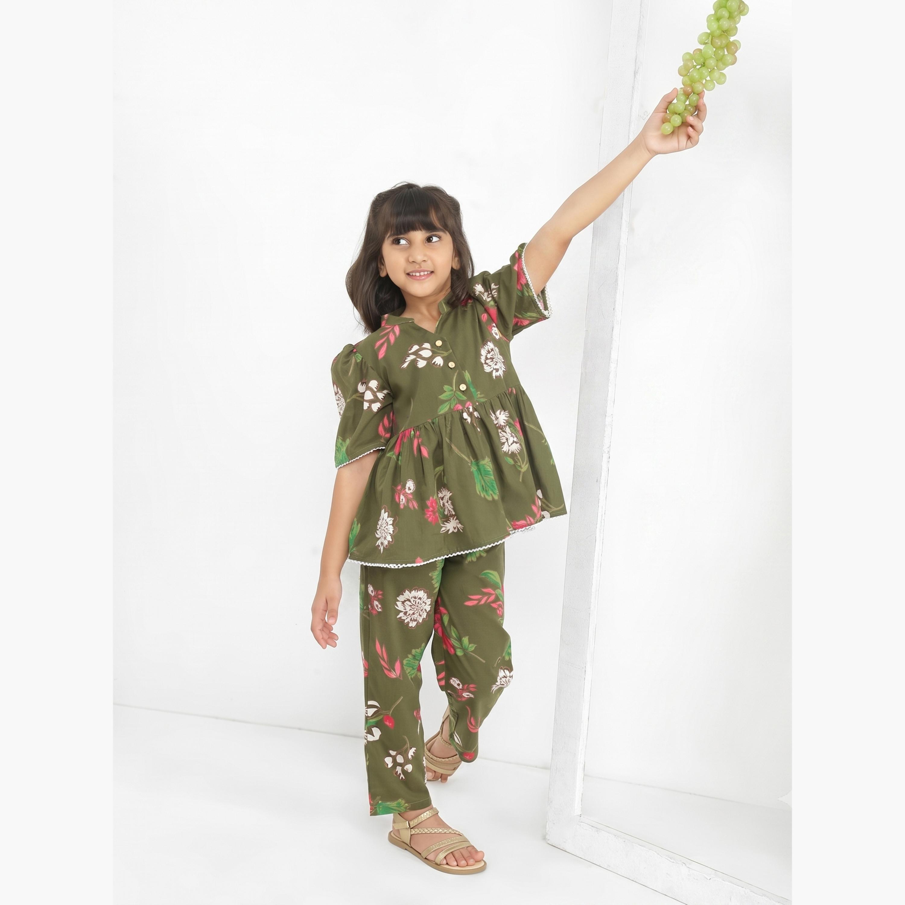 Globus X Styli Girls Green Floral Print Tunic with Pants Set-girls-clothing-setsandcoords-image-1