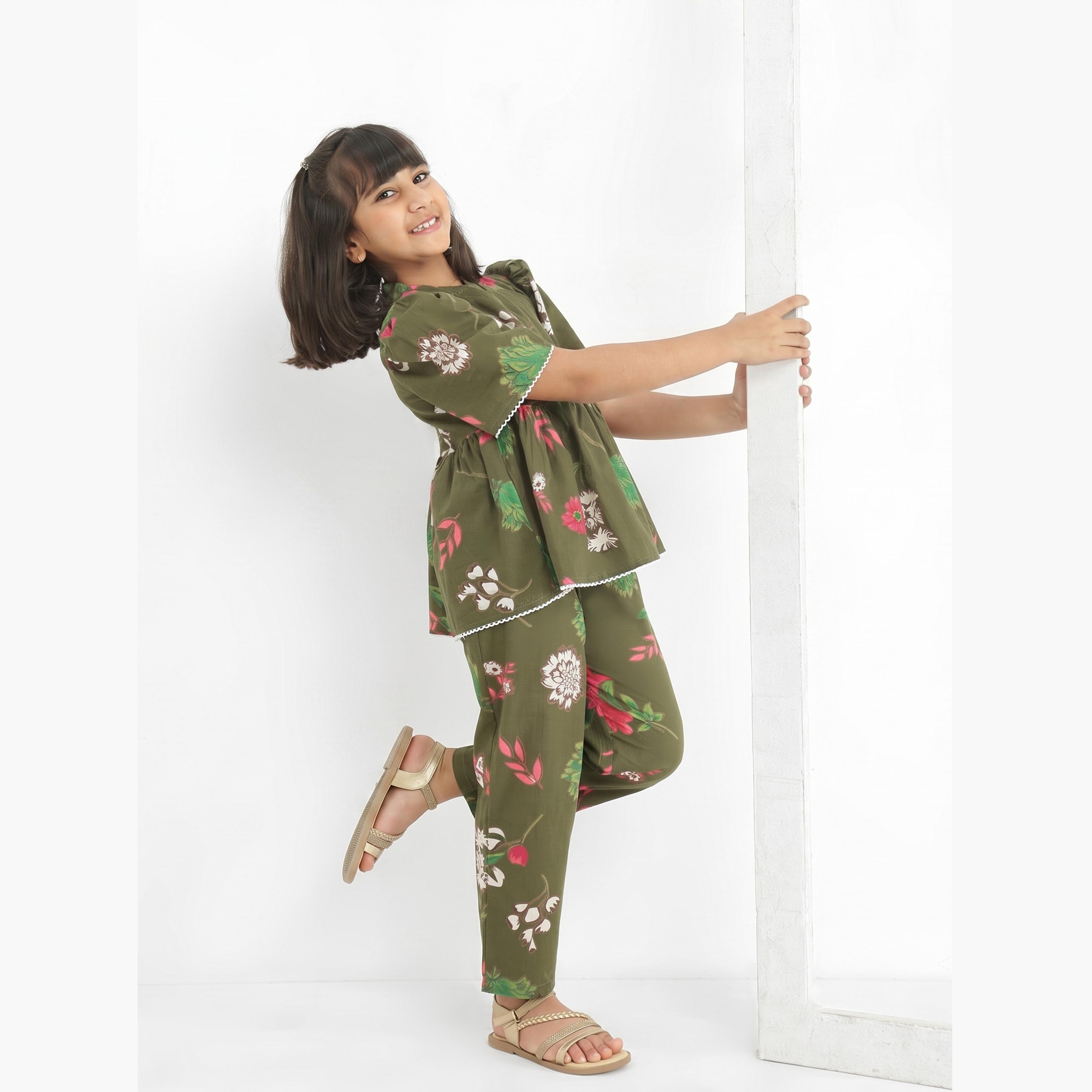 Globus X Styli Girls Green Floral Print Tunic with Pants Set-girls-clothing-setsandcoords-image-2