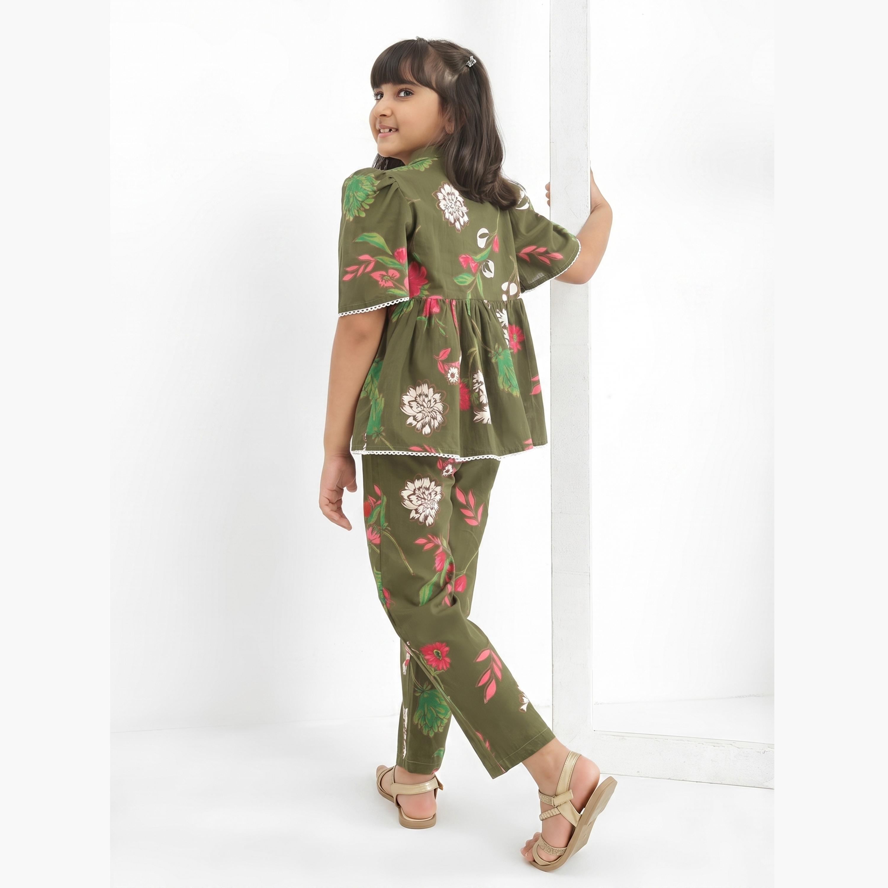 Globus X Styli Girls Green Floral Print Tunic with Pants Set-girls-clothing-setsandcoords-image-3
