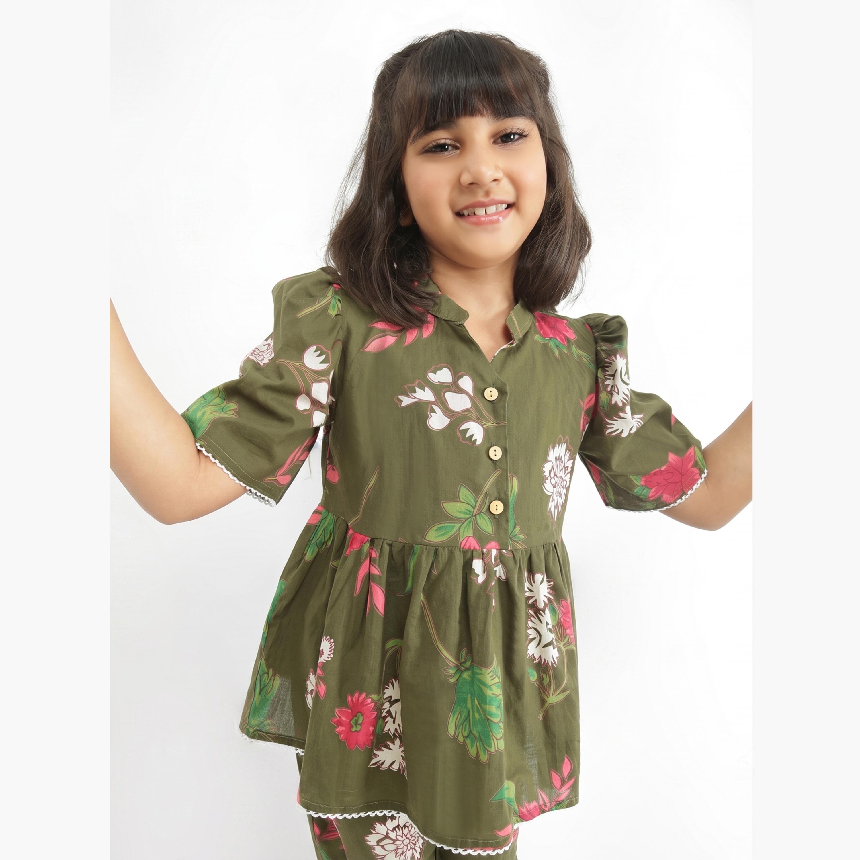 Globus X Styli Girls Green Floral Print Tunic with Pants Set-girls-clothing-setsandcoords-image-4