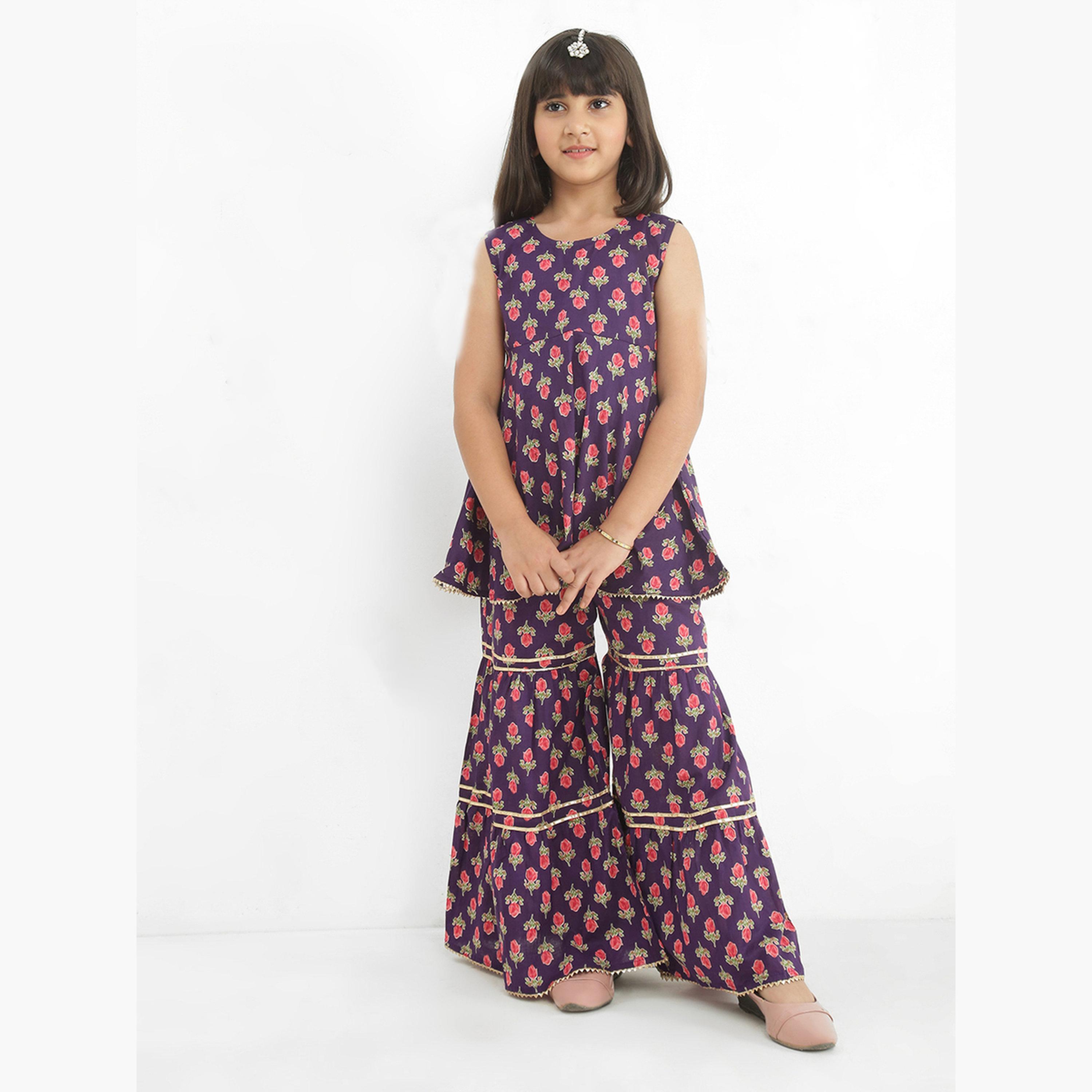 Globus X Styli Girls Purple Floral Sleeveless Gotta Patti Tunic with Sharara Set-girls-clothing-setsandcoords-image-1