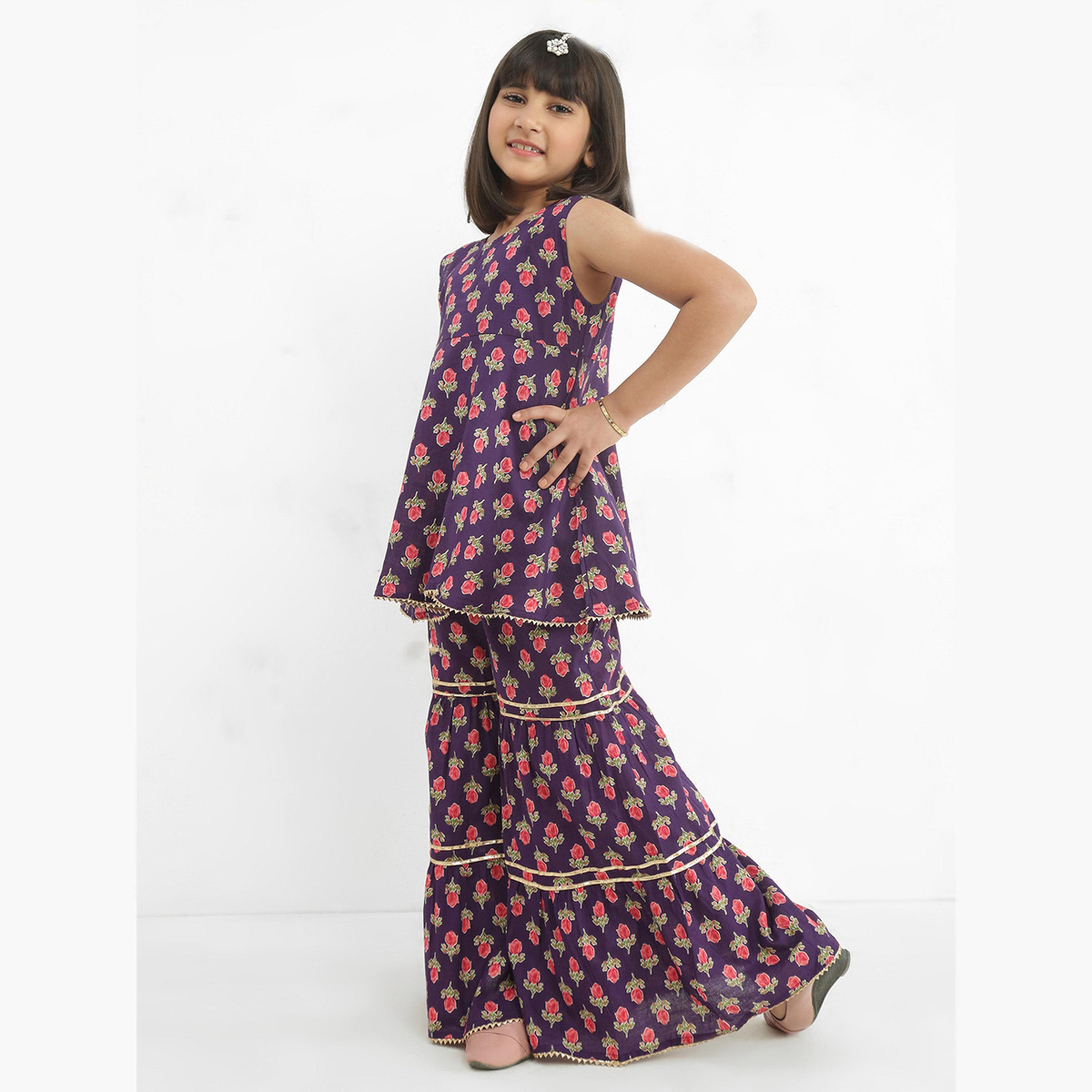 Globus X Styli Girls Purple Floral Sleeveless Gotta Patti Tunic with Sharara Set-girls-clothing-setsandcoords-image-2