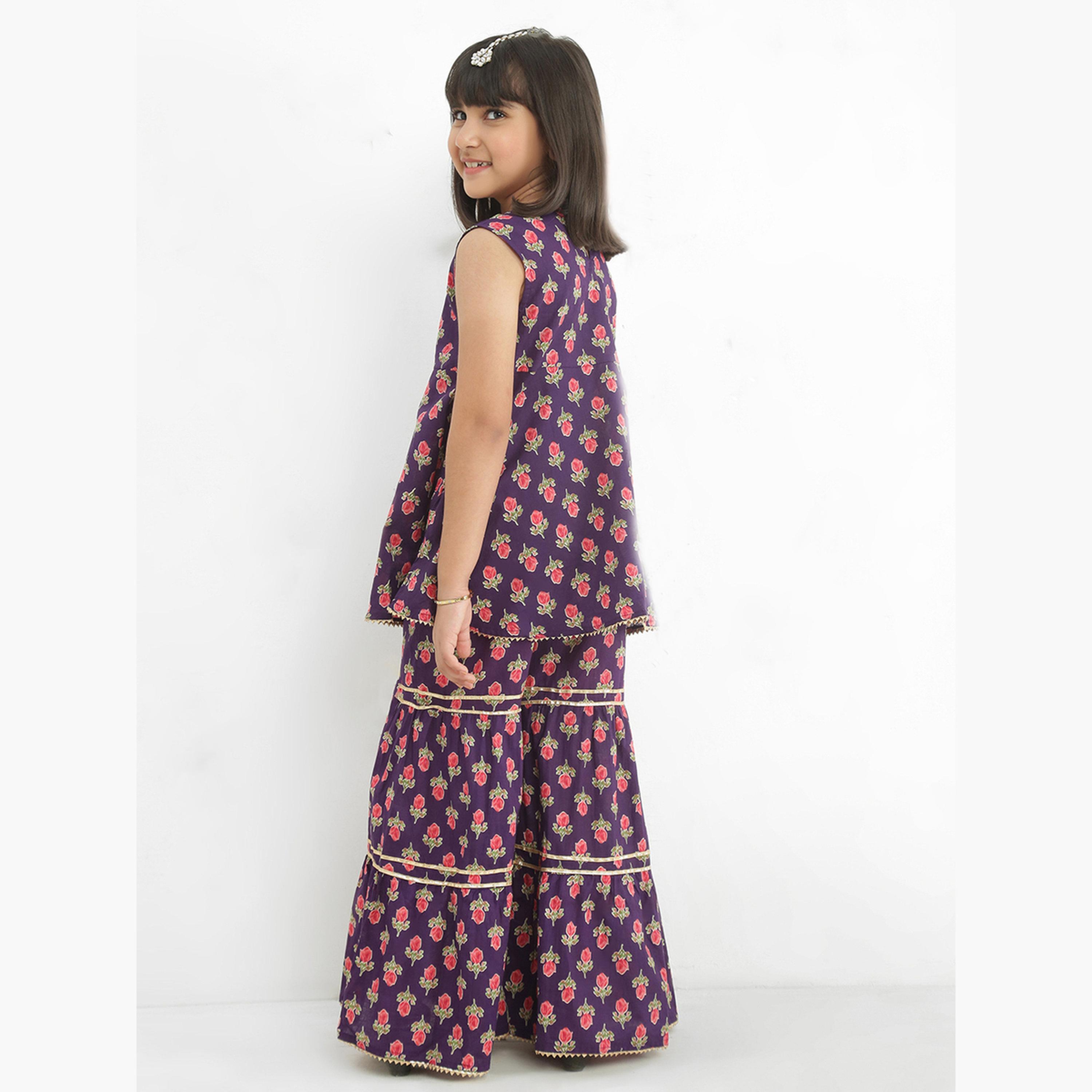 Globus X Styli Girls Purple Floral Sleeveless Gotta Patti Tunic with Sharara Set-girls-clothing-setsandcoords-image-3