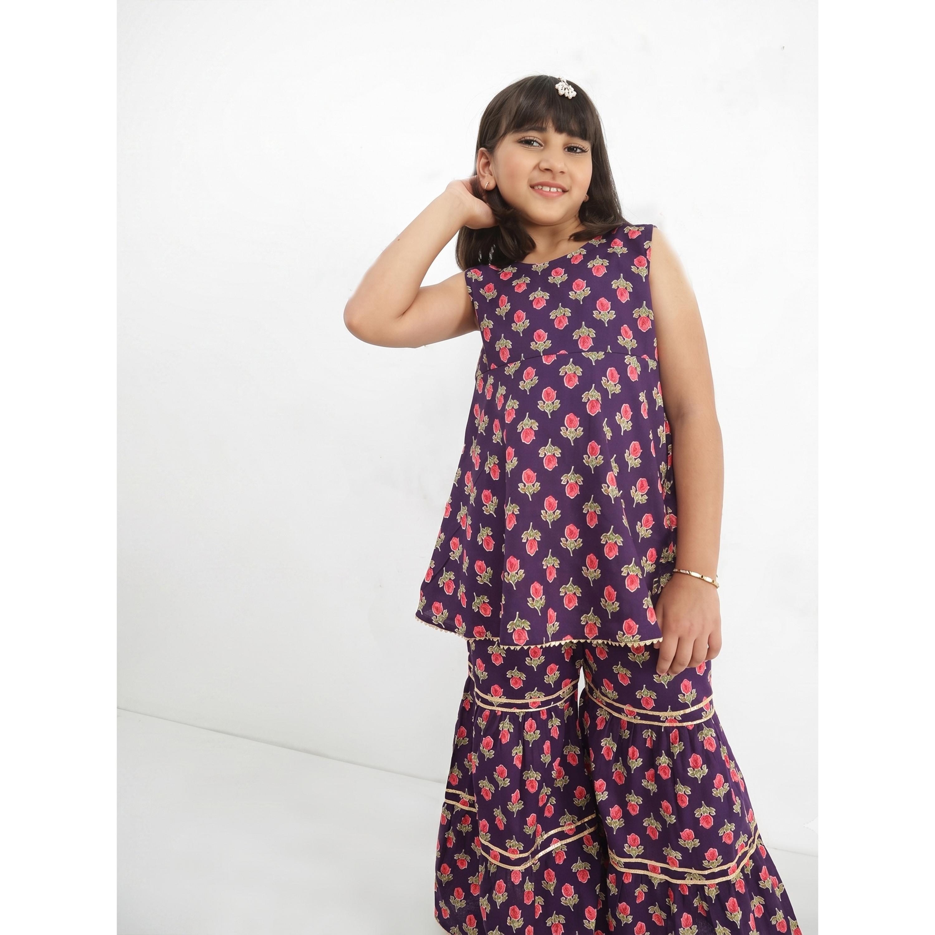 Globus X Styli Girls Purple Floral Sleeveless Gotta Patti Tunic with Sharara Set-girls-clothing-setsandcoords-image-4