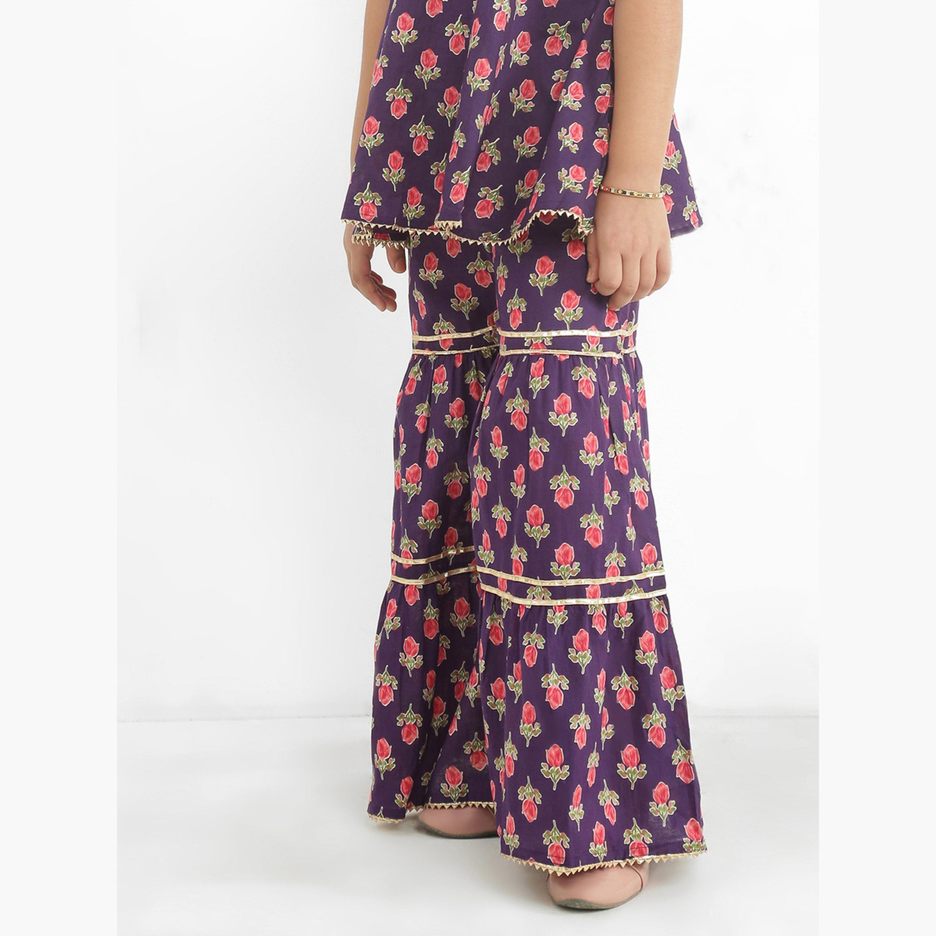 Globus X Styli Girls Purple Floral Sleeveless Gotta Patti Tunic with Sharara Set-girls-clothing-setsandcoords-image-5