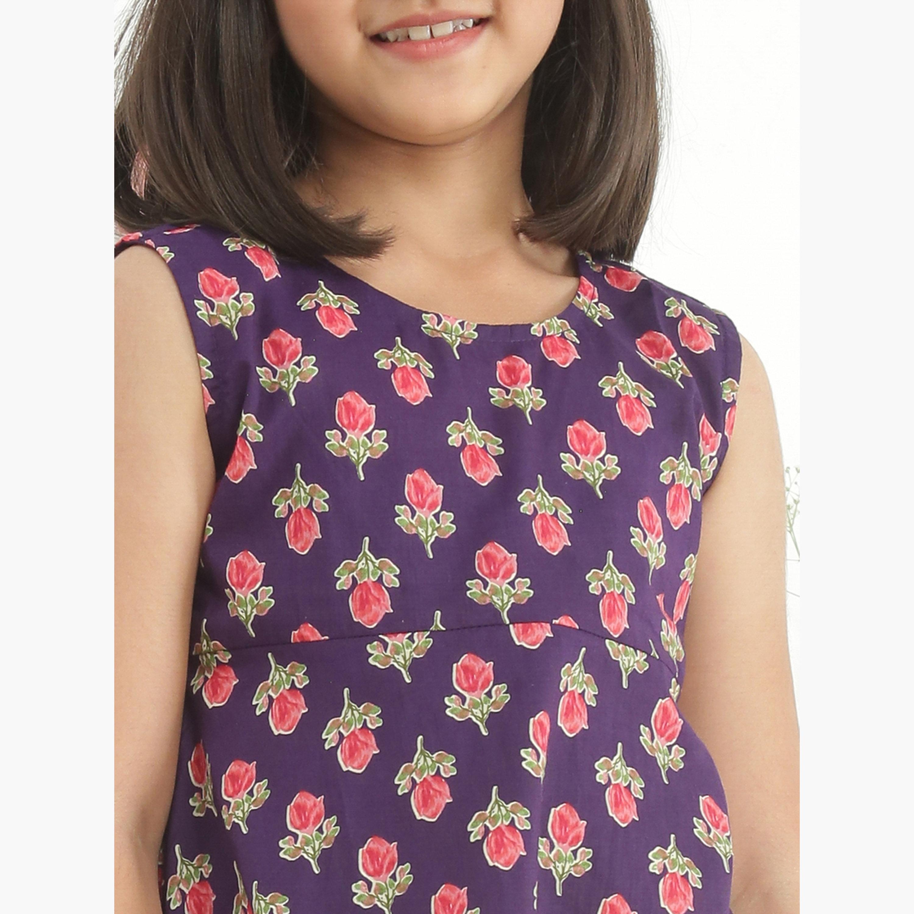 Globus X Styli Girls Purple Floral Sleeveless Gotta Patti Tunic with Sharara Set-girls-clothing-setsandcoords-image-6