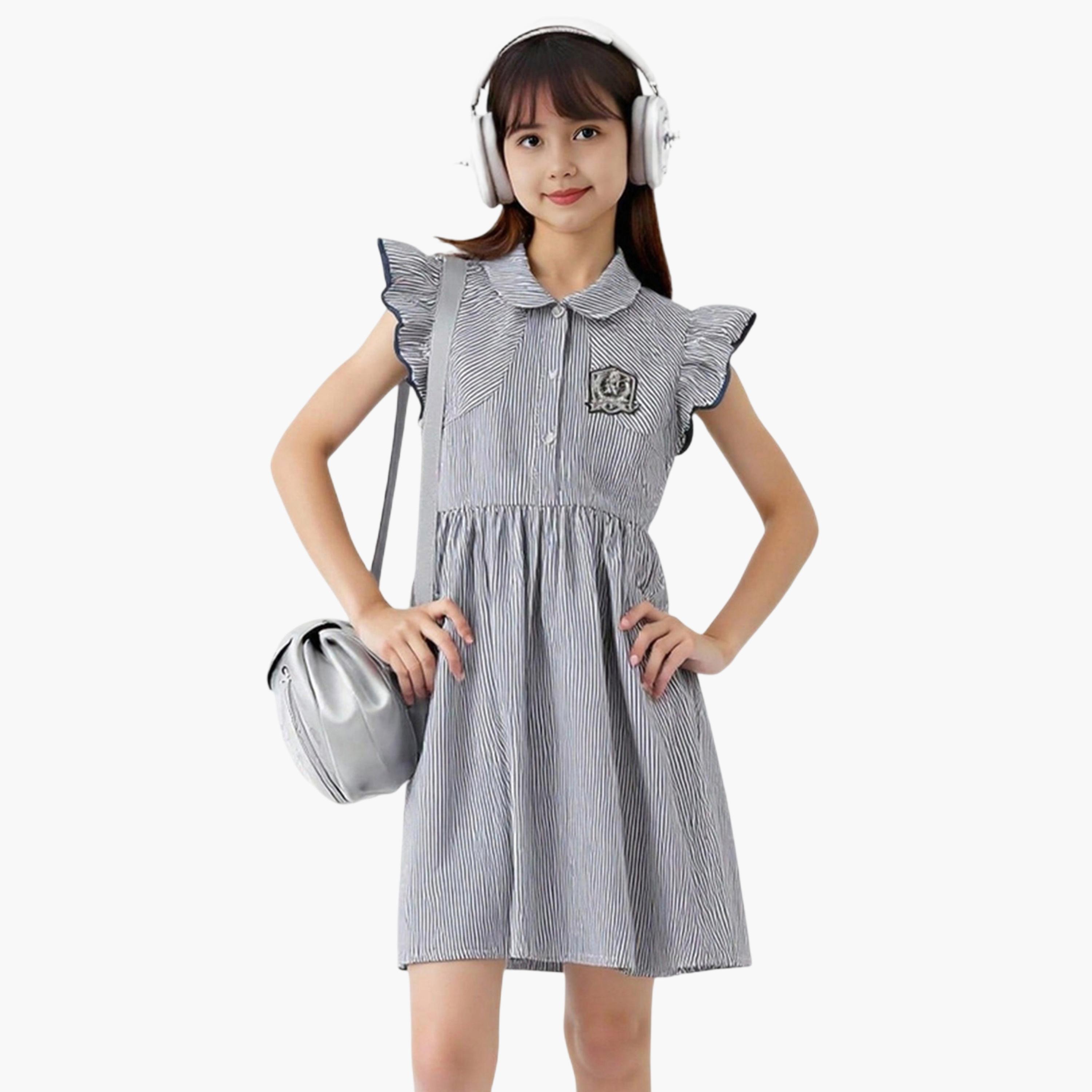 فستان مخطط بحافة واسعة وأكمام كشكش-girls-clothing-dressesandjumpsuits-image-1