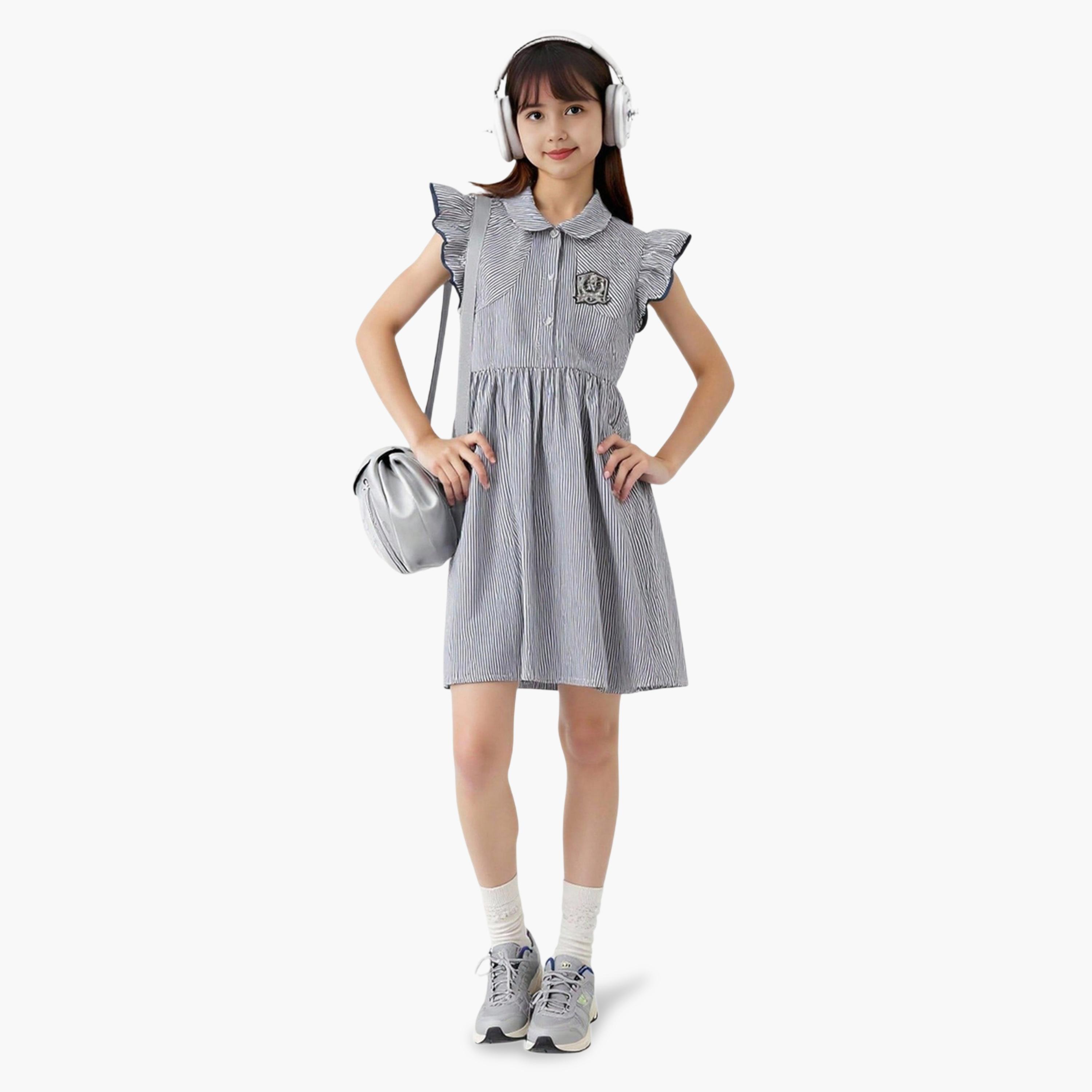 فستان مخطط بحافة واسعة وأكمام كشكش-girls-clothing-dressesandjumpsuits-image-2