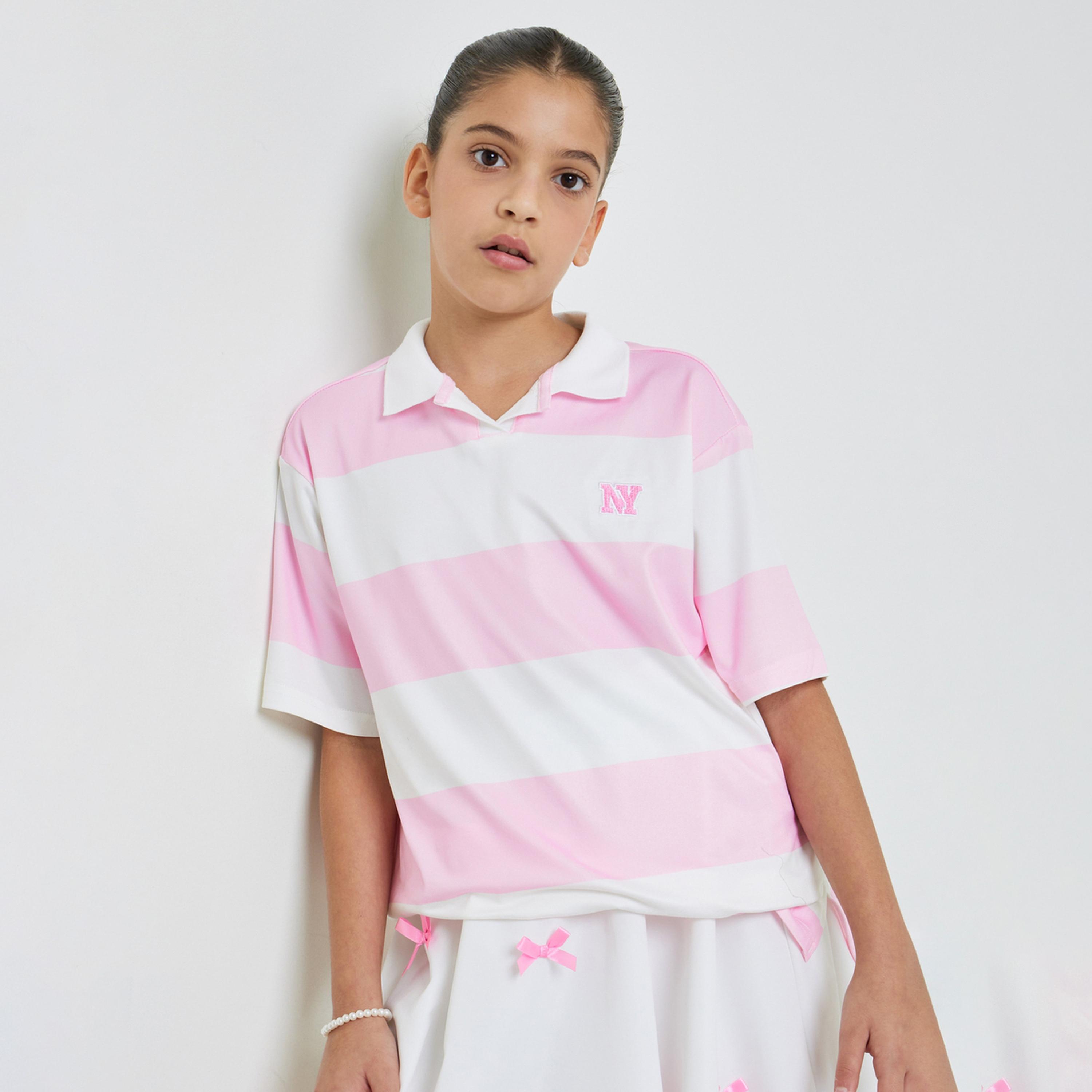 Styli Girls Pink Striped Oversize Polo T-Shirt-girls-clothing-tshirts-image-1