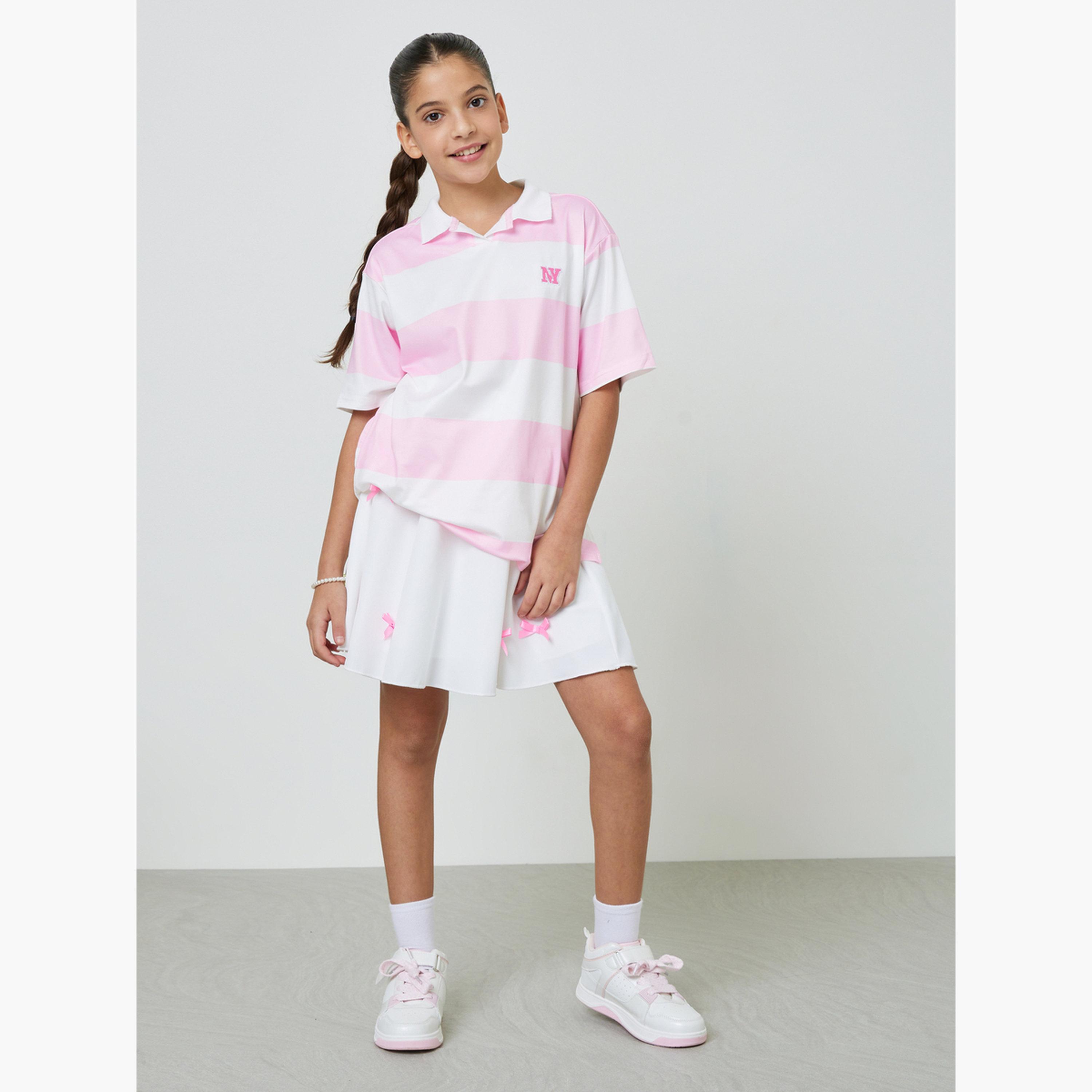 Styli Girls Pink Striped Oversize Polo T-Shirt-girls-clothing-tshirts-image-2