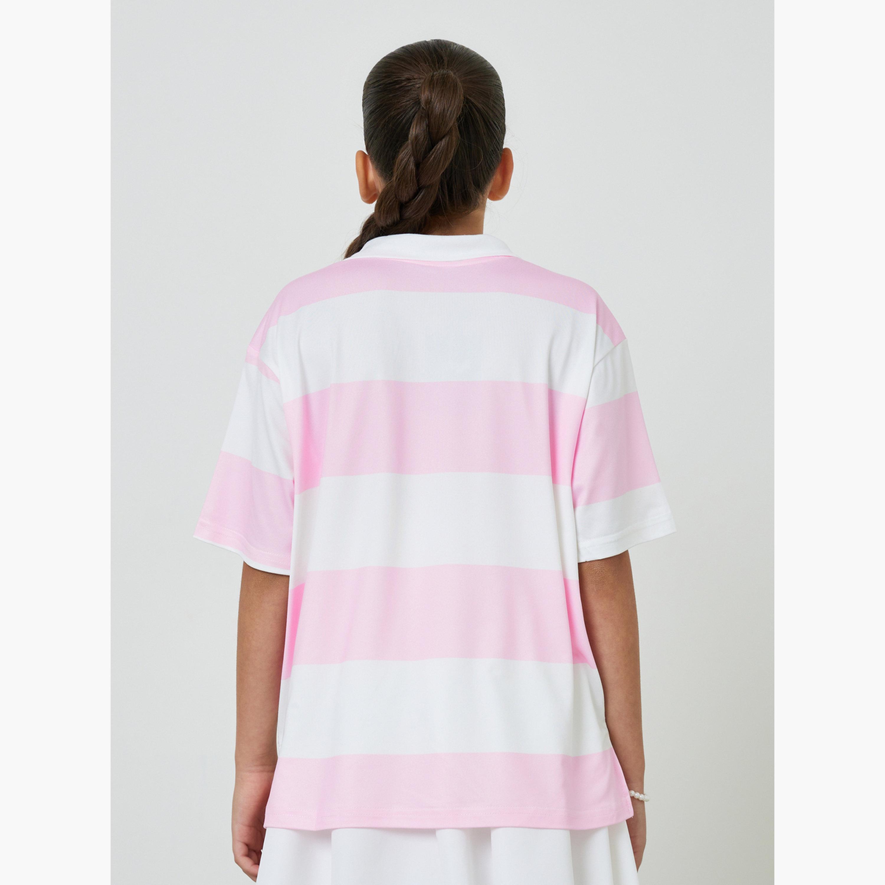 Styli Girls Pink Striped Oversize Polo T-Shirt-girls-clothing-tshirts-image-3