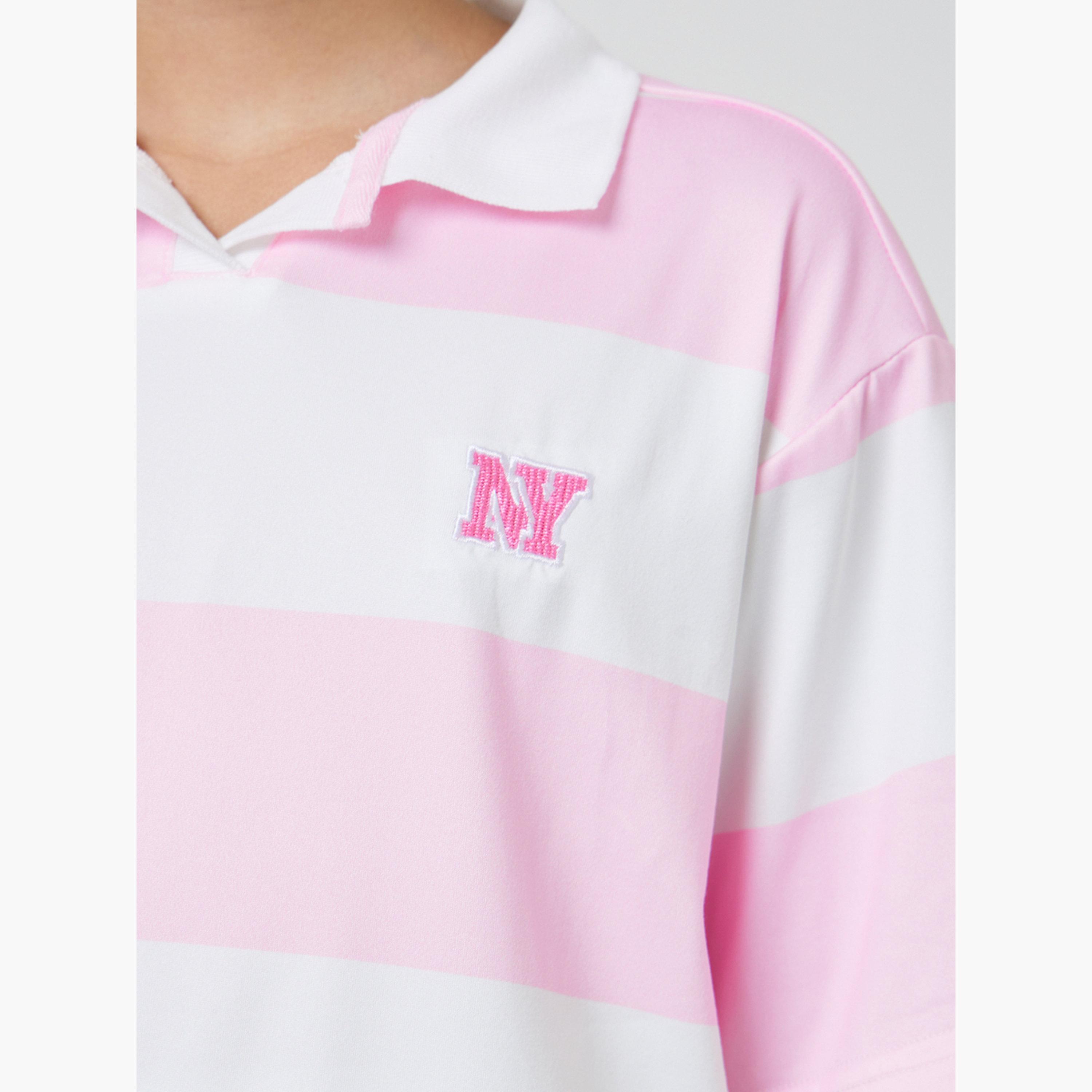 Styli Girls Pink Striped Oversize Polo T-Shirt-girls-clothing-tshirts-image-4