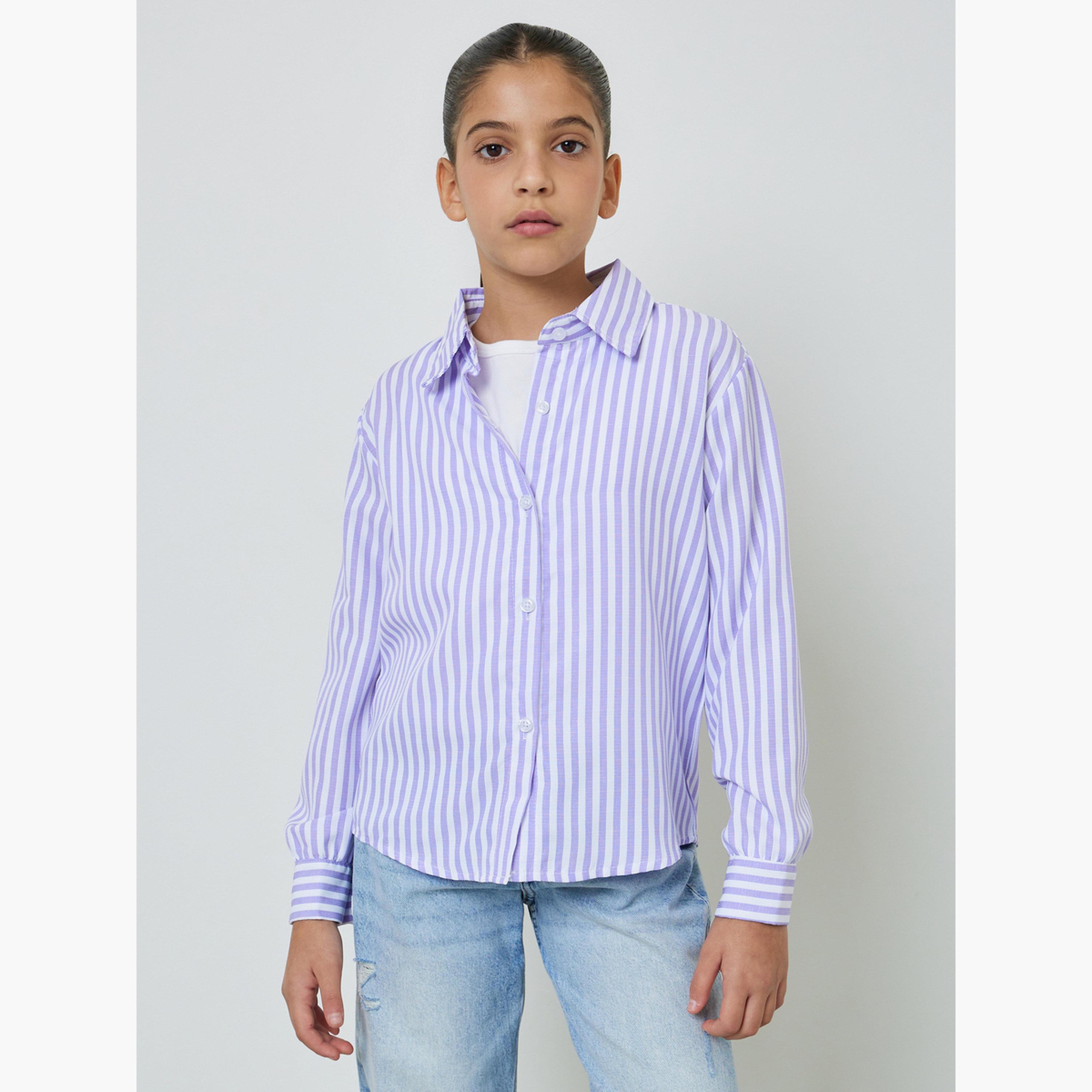 بلوزة بأكمام طويلة ومخططة للبنات-girls-clothing-blousesandshirts-image-1