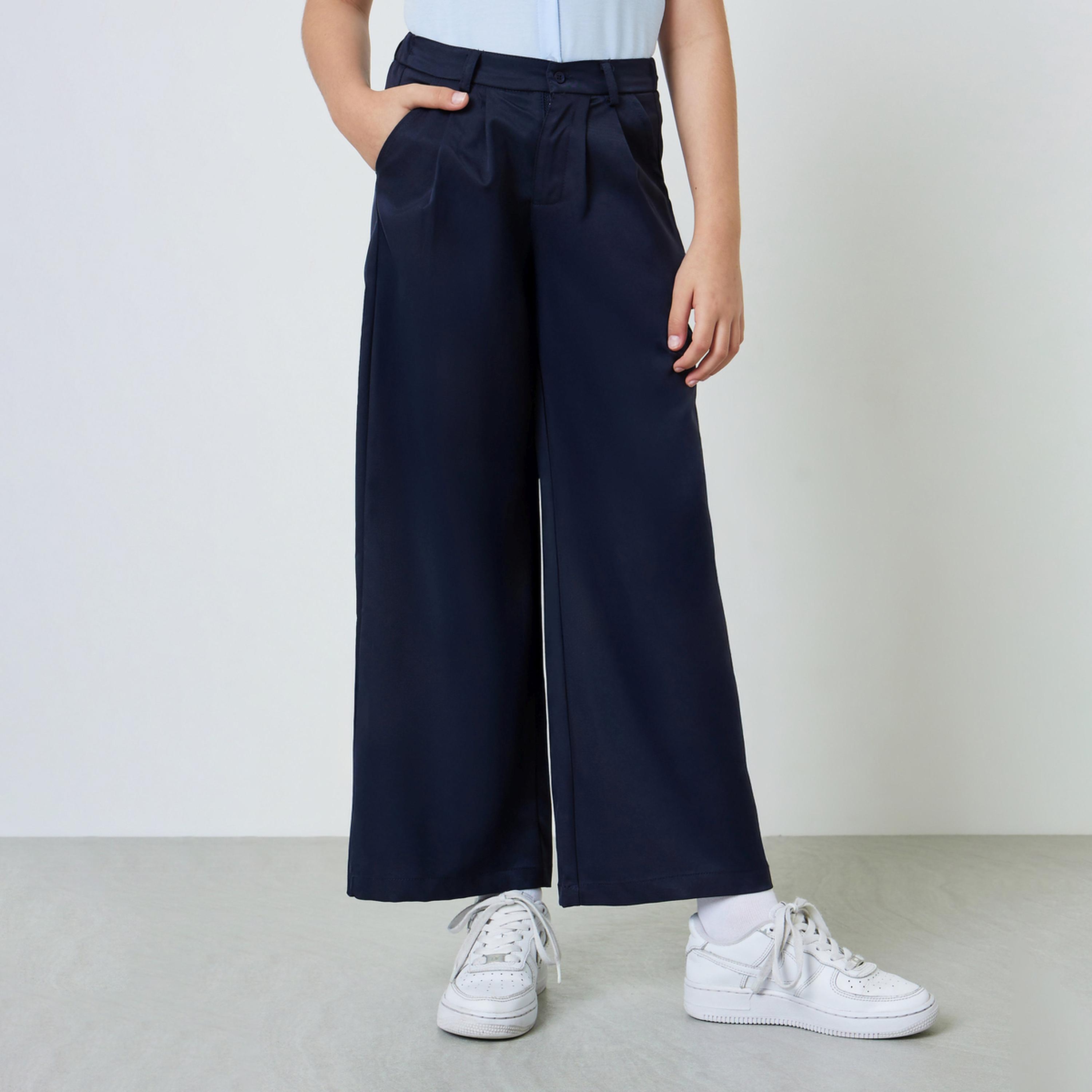 ستايلي - بنطلون واسع الساقين باللون الأزرق الداكن للفتيات المراهقات مع جيب جانبي-girls-clothing-bottoms-trousers-image-1