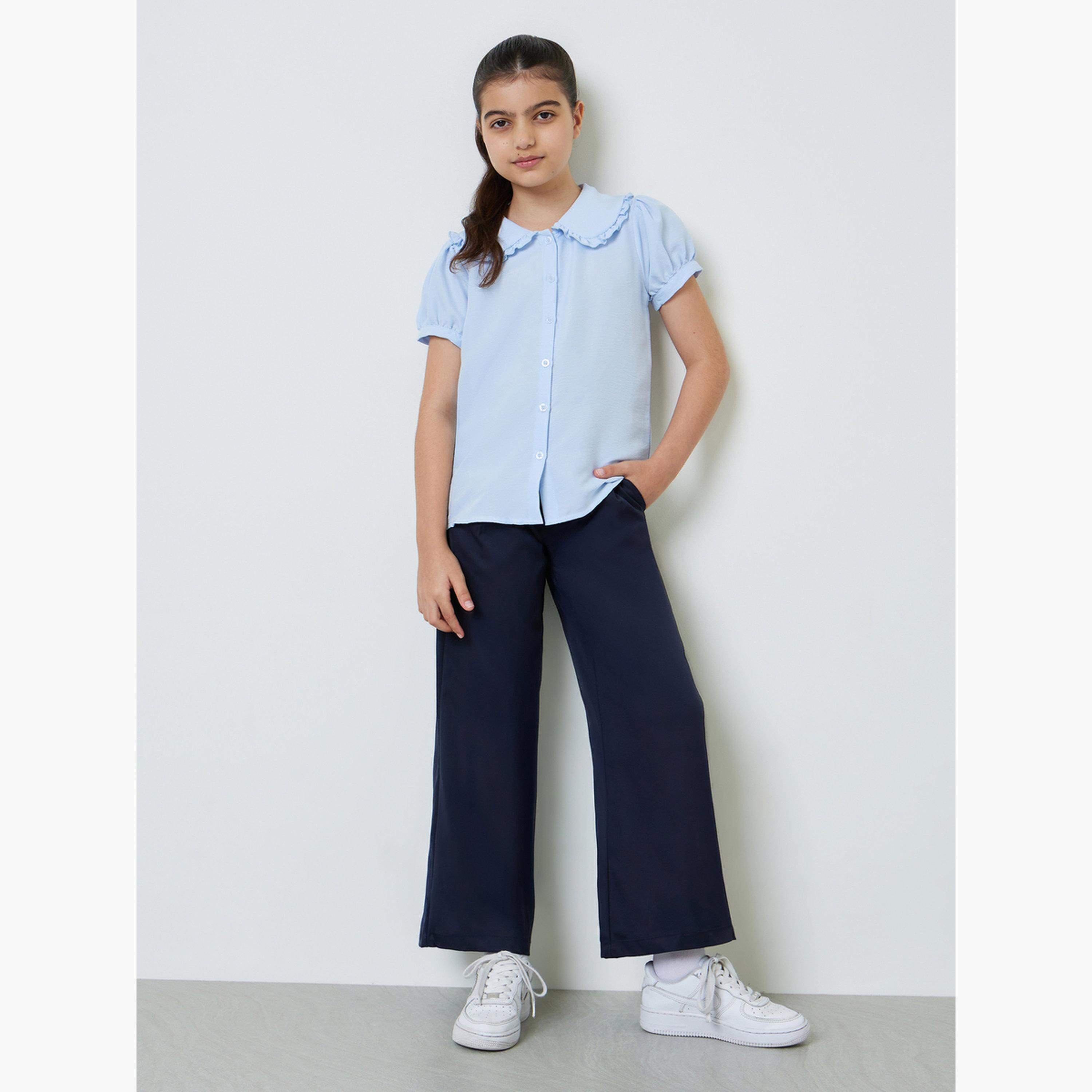 ستايلي - بنطلون واسع الساقين باللون الأزرق الداكن للفتيات المراهقات مع جيب جانبي-girls-clothing-bottoms-trousers-image-2