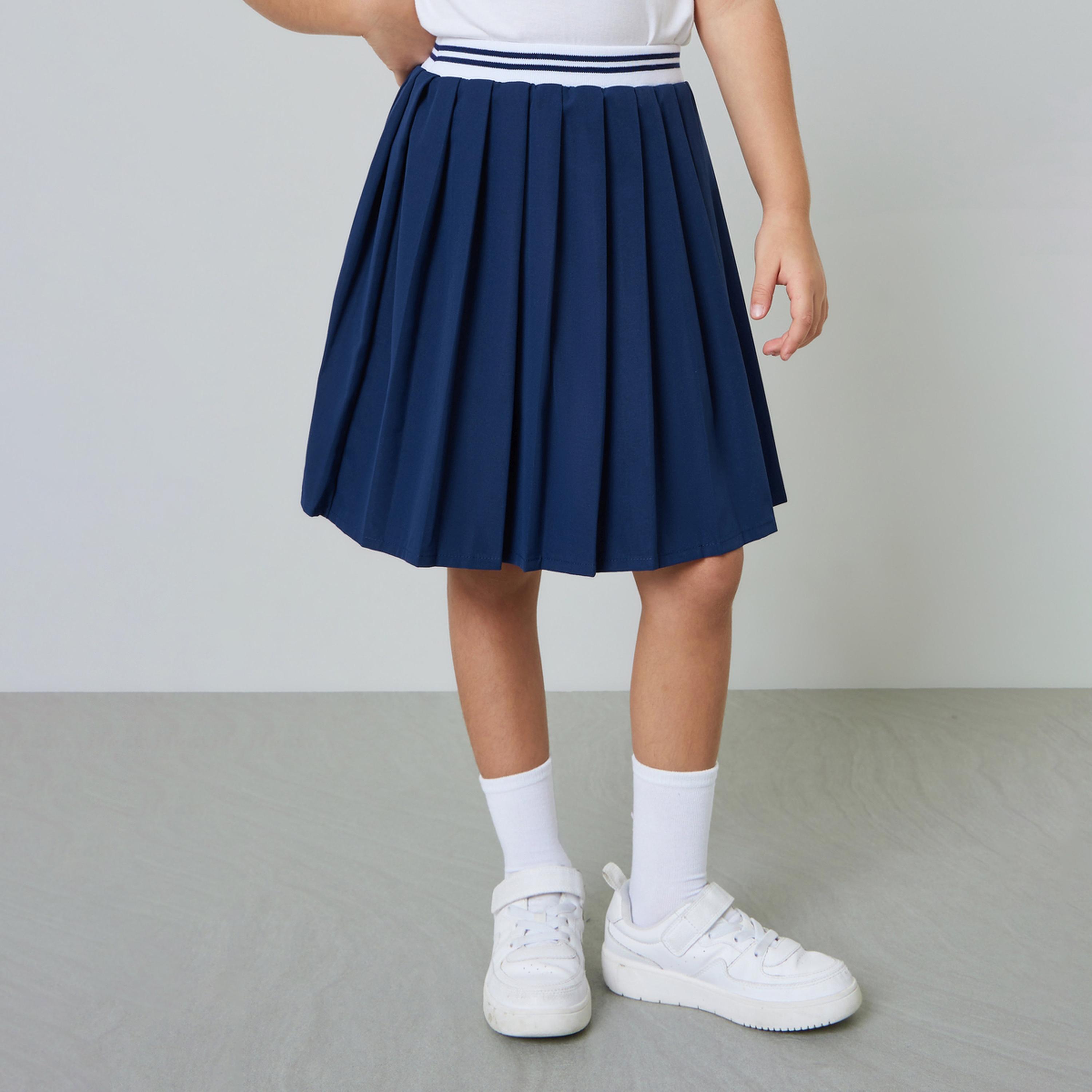 تنورة بكسرات بطول الركبة للبنات بشريط خصر مطاطي مخطط-girls-clothing-schoolwear-bottoms-skirt-image-1