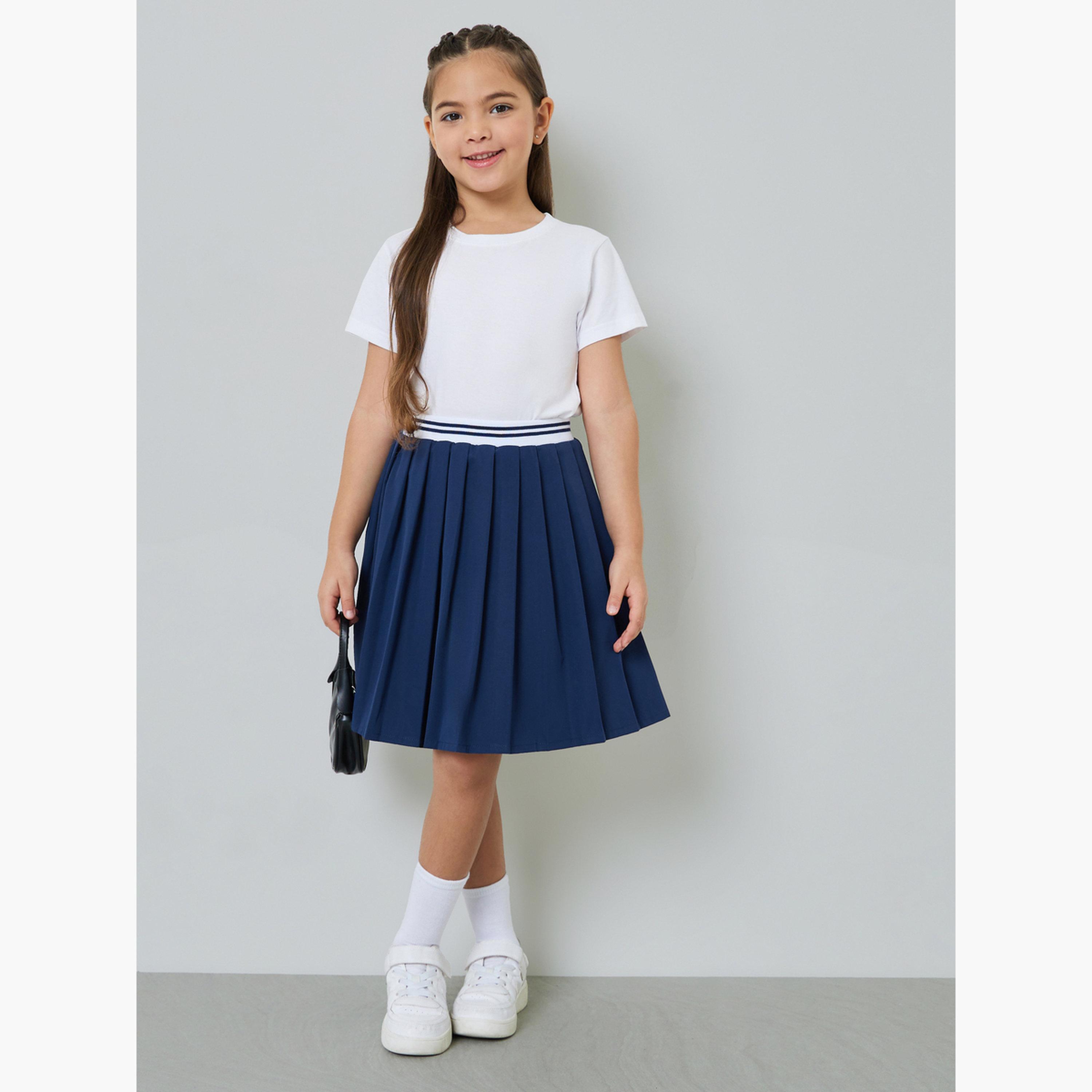 تنورة بكسرات بطول الركبة للبنات بشريط خصر مطاطي مخطط-girls-clothing-schoolwear-bottoms-skirt-image-2