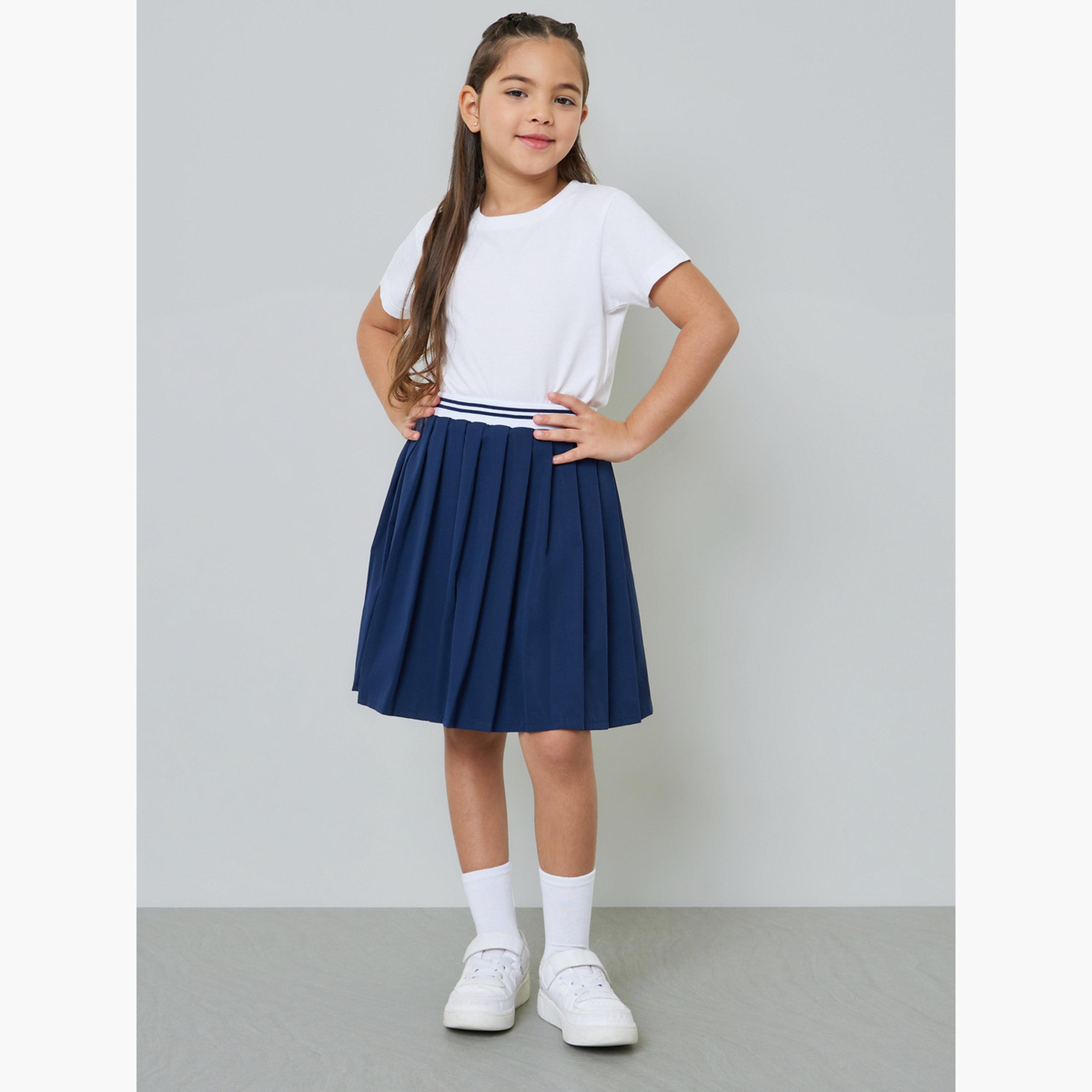 تنورة بكسرات بطول الركبة للبنات بشريط خصر مطاطي مخطط-girls-clothing-schoolwear-bottoms-skirt-image-3