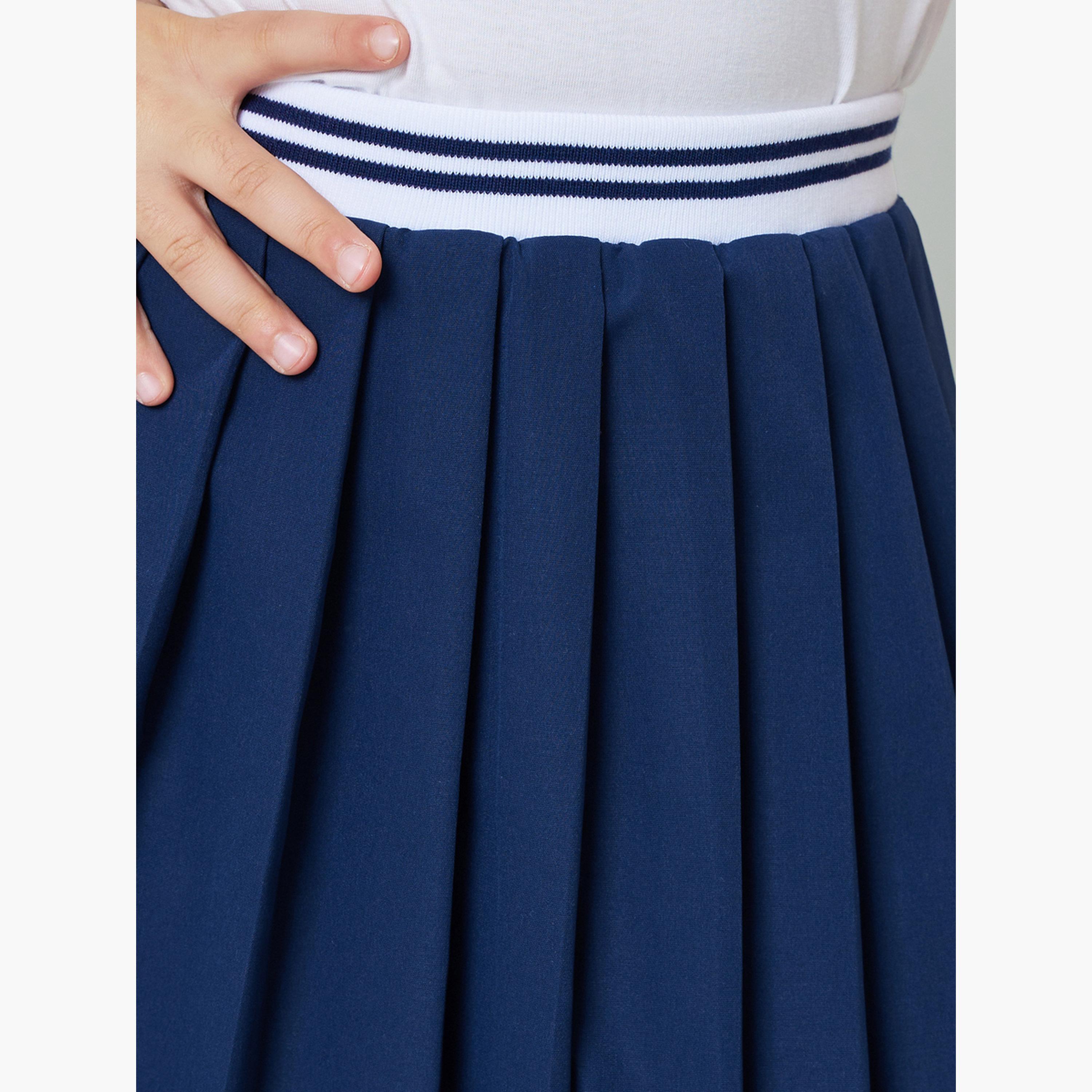 تنورة بكسرات بطول الركبة للبنات بشريط خصر مطاطي مخطط-girls-clothing-schoolwear-bottoms-skirt-image-4