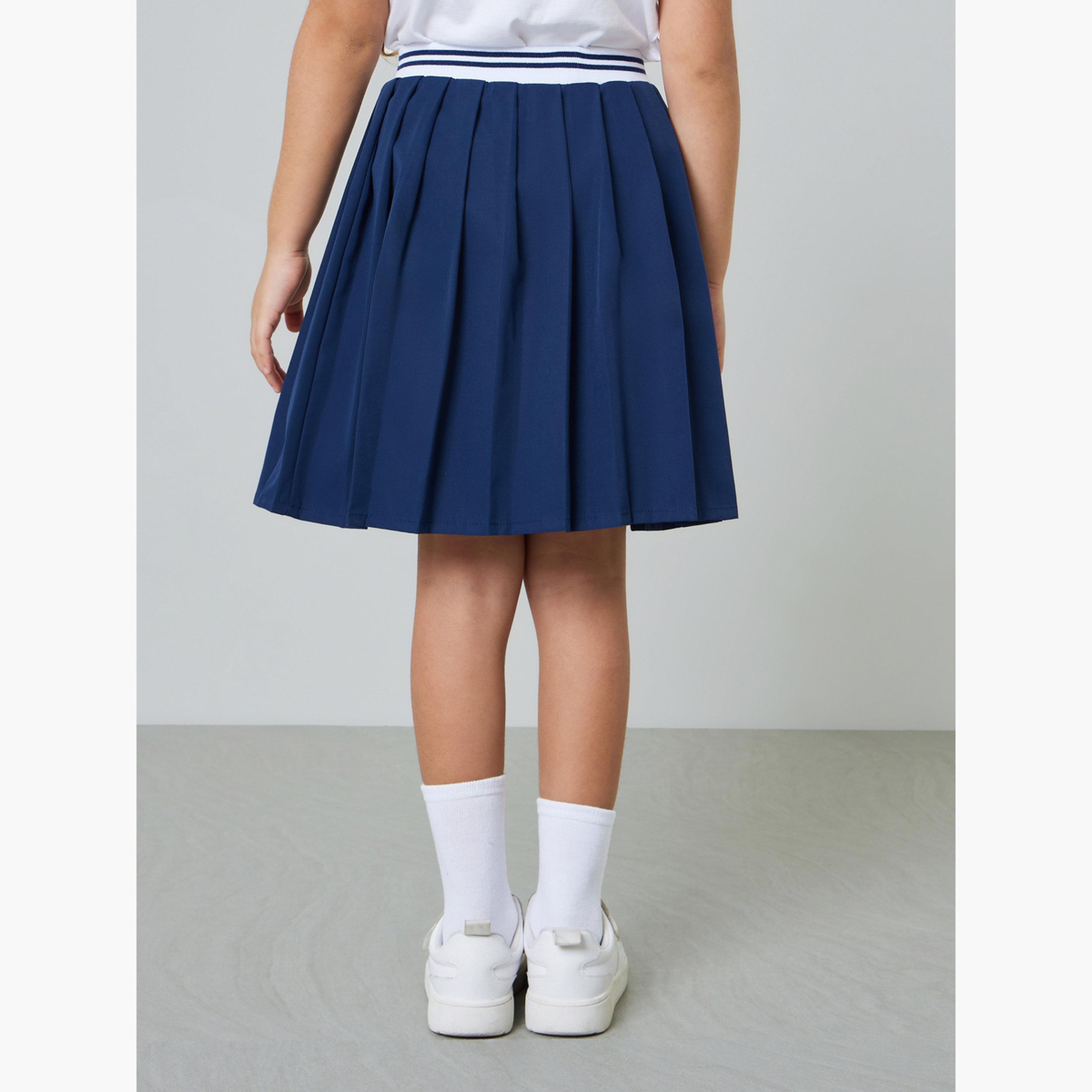 تنورة بكسرات بطول الركبة للبنات بشريط خصر مطاطي مخطط-girls-clothing-schoolwear-bottoms-skirt-image-5