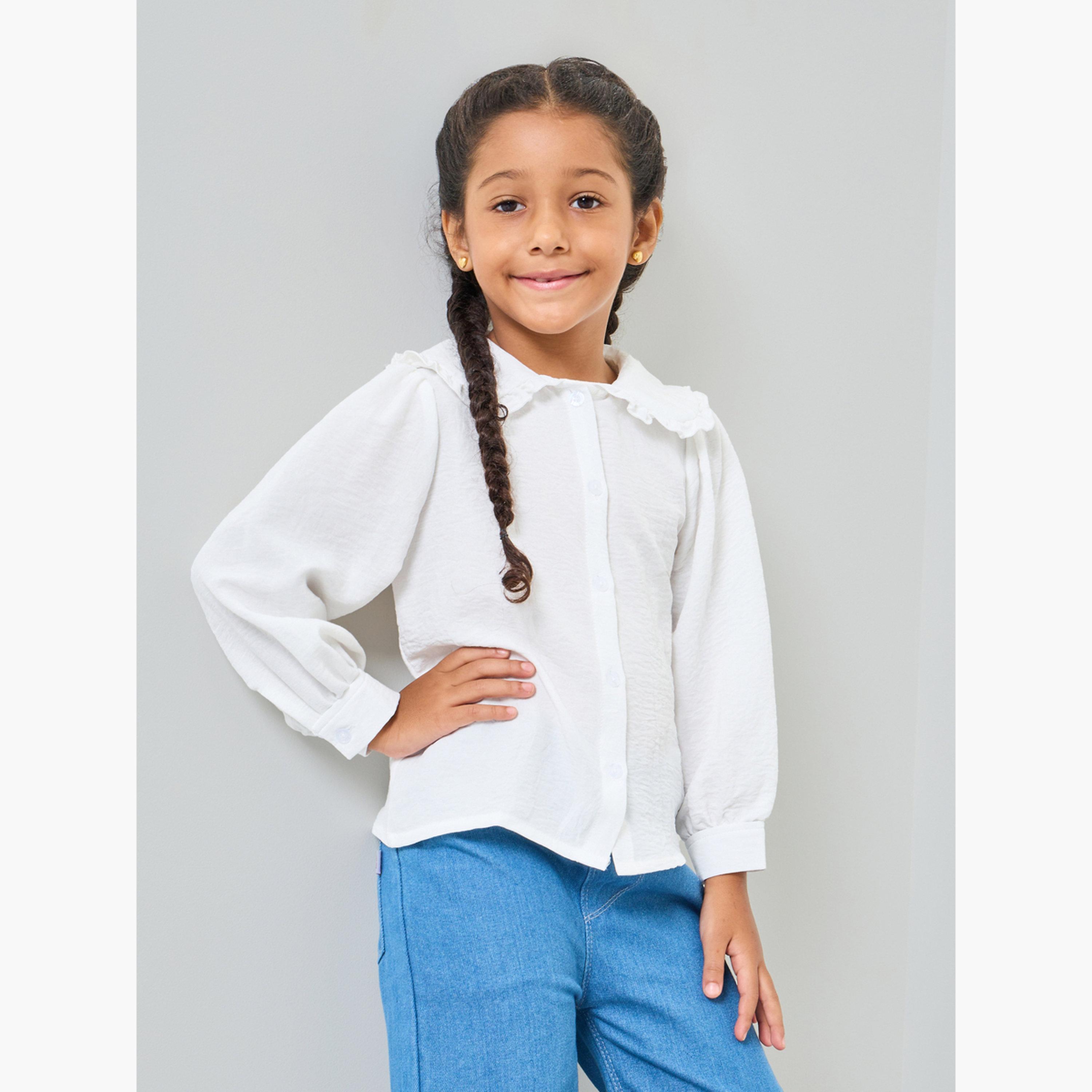 ستايلي - قميص أبيض بأكمام طويلة وياقة بيتر بان للبنات-girls-clothing-blousesandshirts-image-1