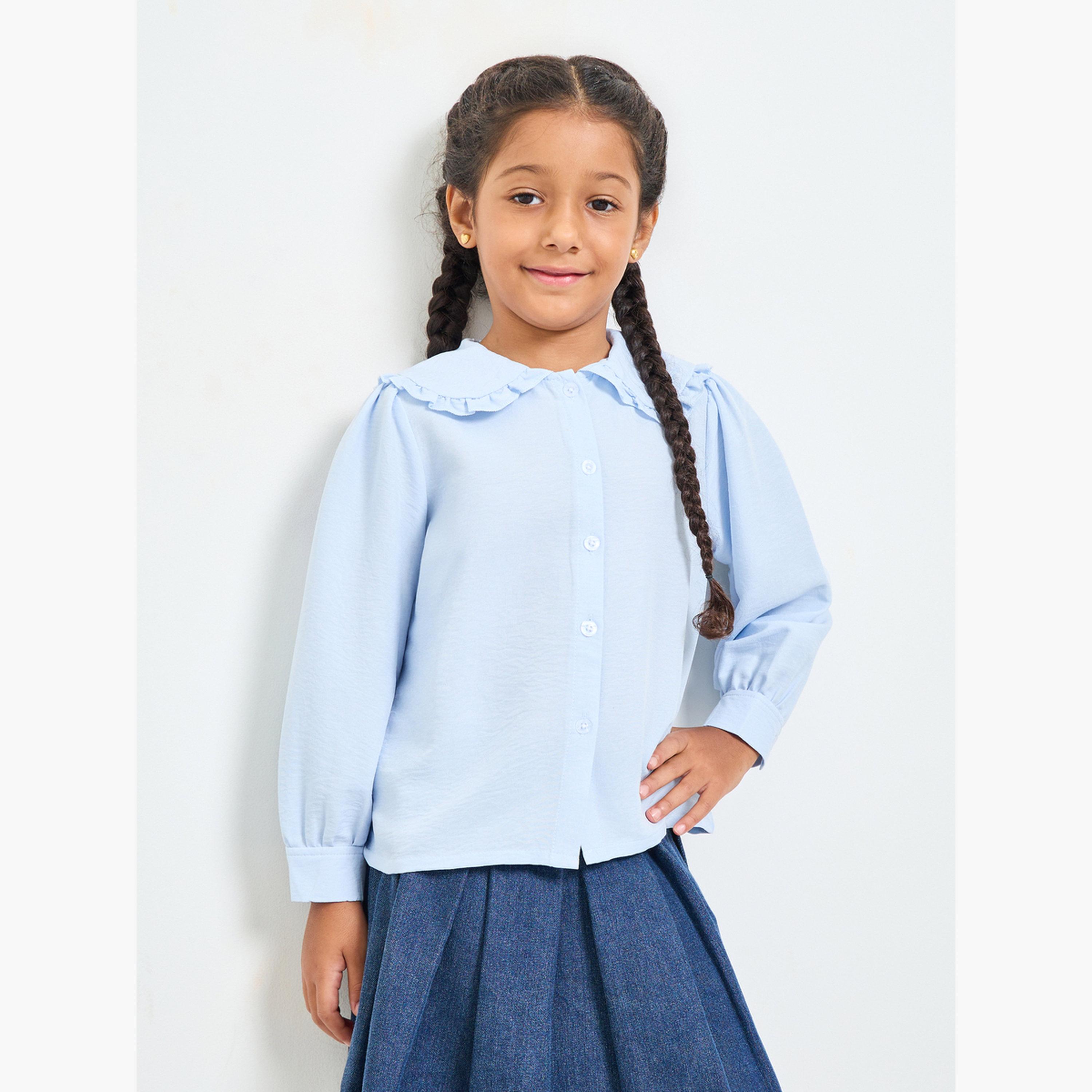 ستايلي - قميص بناتي أزرق فاتح بياقة بيتر بان وأكمام طويلة-girls-clothing-blousesandshirts-image-1