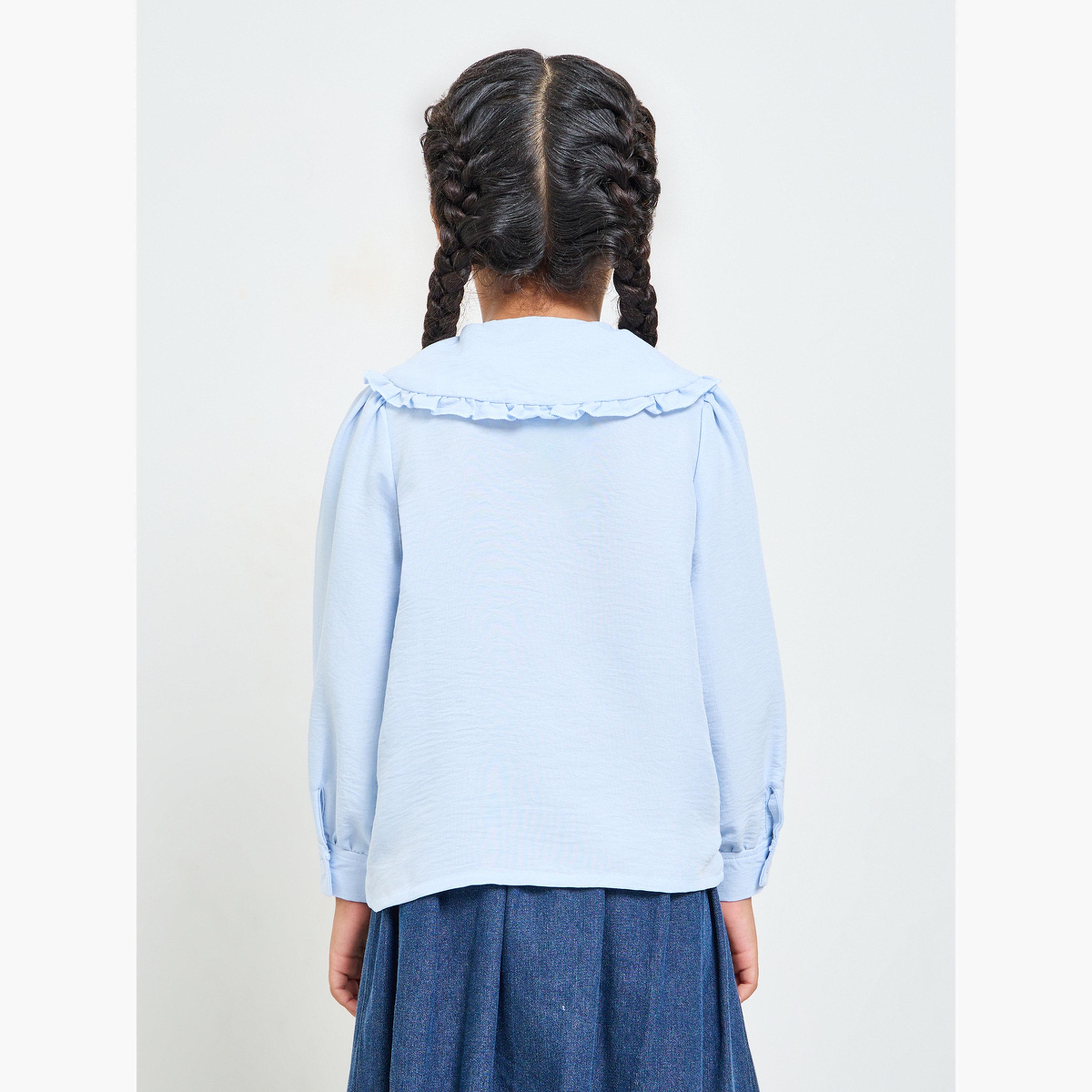 ستايلي - قميص بناتي أزرق فاتح بياقة بيتر بان وأكمام طويلة-girls-clothing-blousesandshirts-image-3