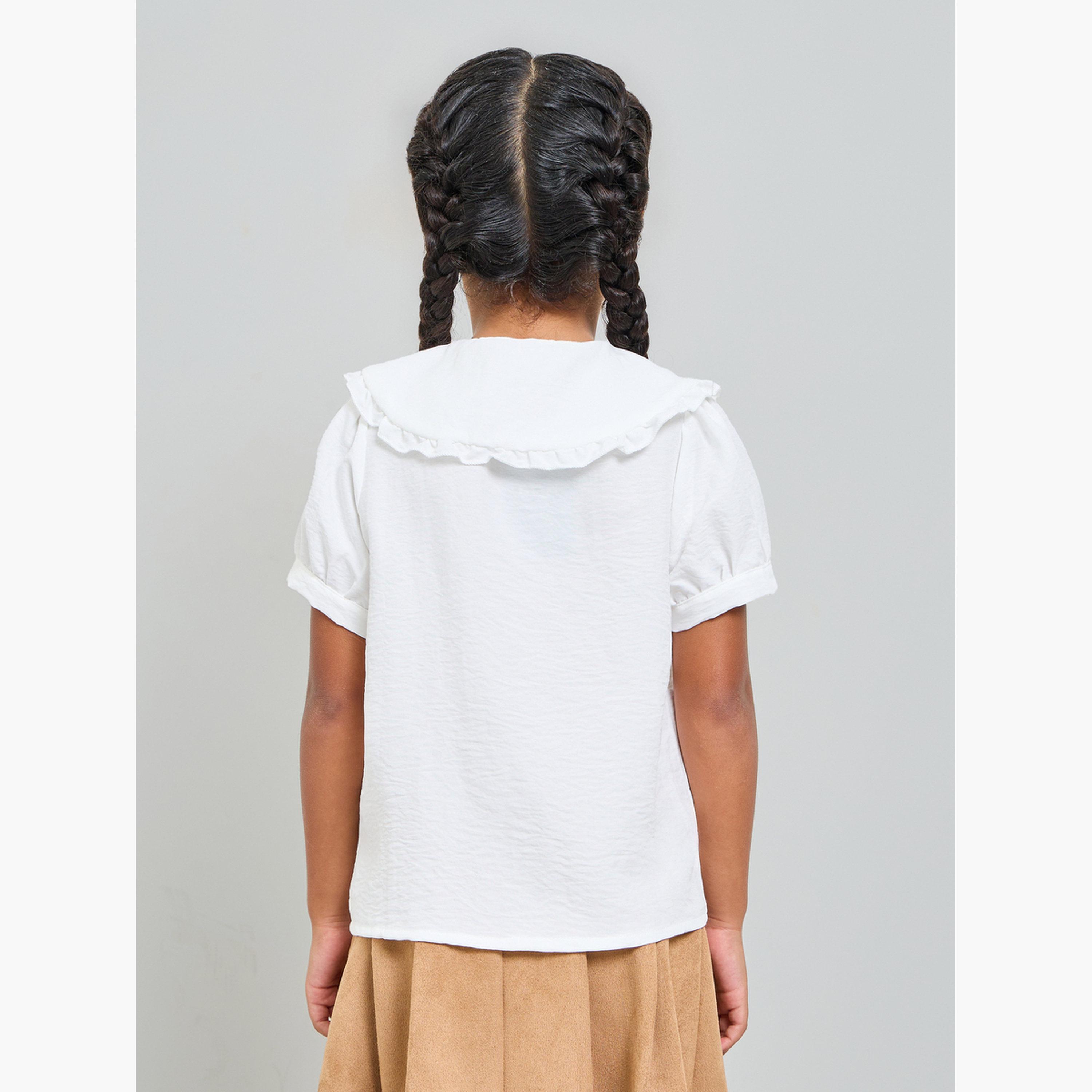ستايلي - قميص أبيض بأكمام منفوخة وياقة بيتر بان للبنات-girls-clothing-blousesandshirts-image-3