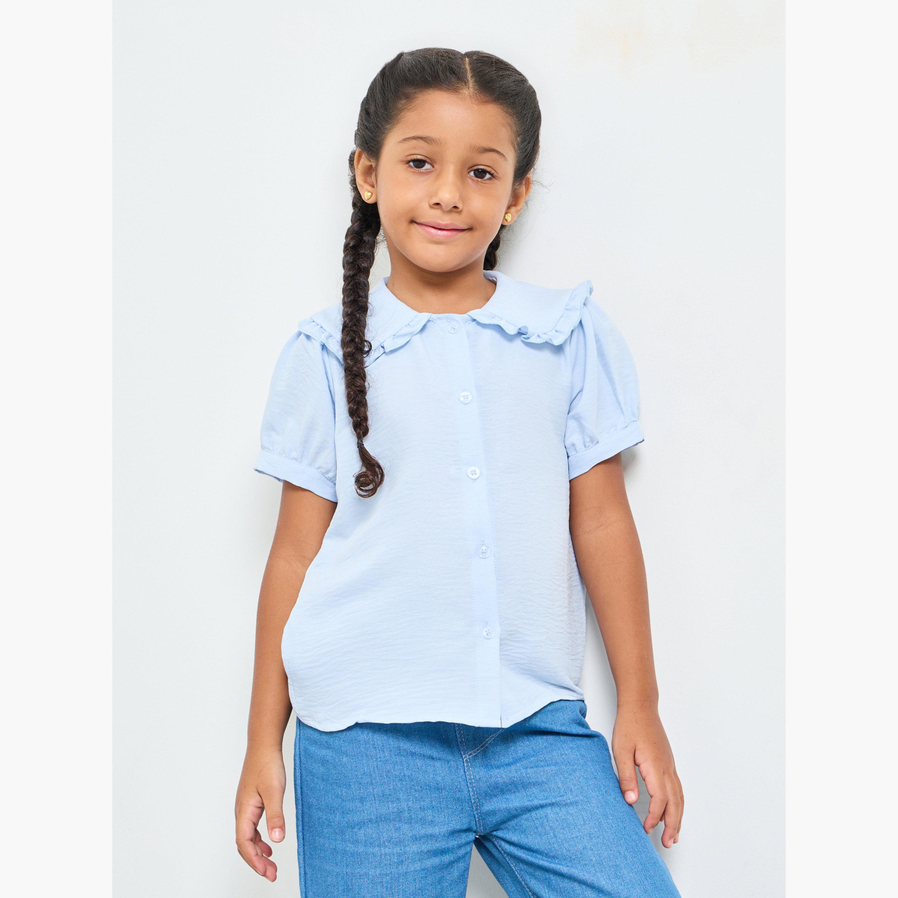 ستايلي - قميص بناتي أزرق فاتح بياقة بيتر بان وأكمام منفوخة-girls-clothing-blousesandshirts-image-1