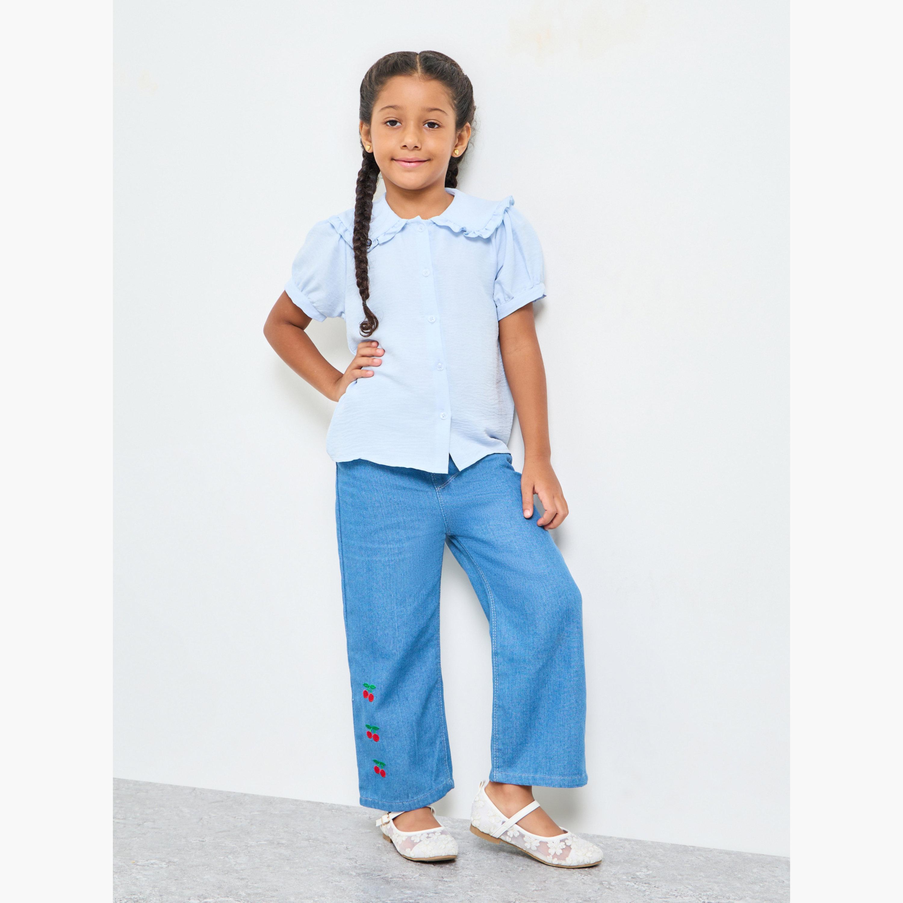 ستايلي - قميص بناتي أزرق فاتح بياقة بيتر بان وأكمام منفوخة-girls-clothing-blousesandshirts-image-2