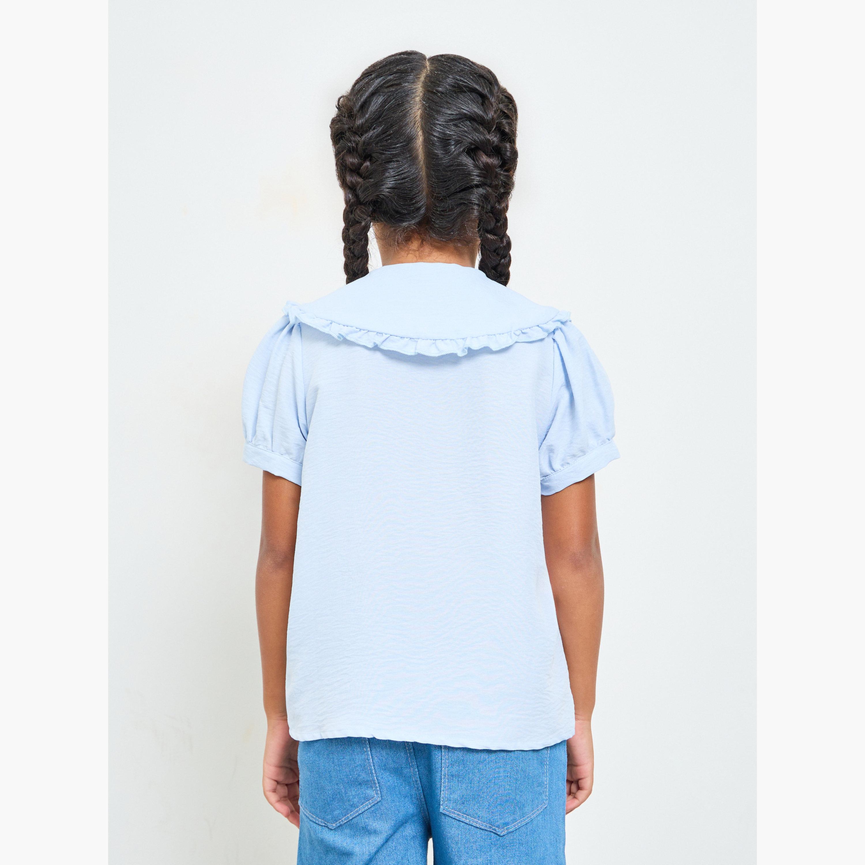 ستايلي - قميص بناتي أزرق فاتح بياقة بيتر بان وأكمام منفوخة-girls-clothing-blousesandshirts-image-3