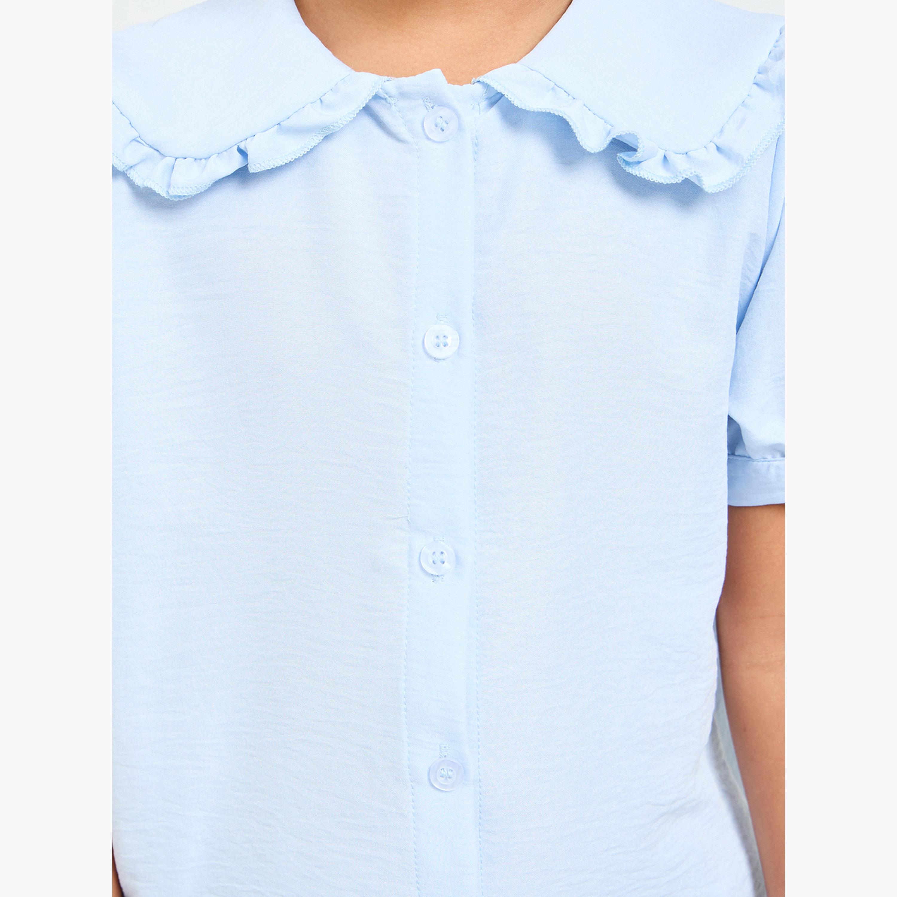 ستايلي - قميص بناتي أزرق فاتح بياقة بيتر بان وأكمام منفوخة-girls-clothing-blousesandshirts-image-4
