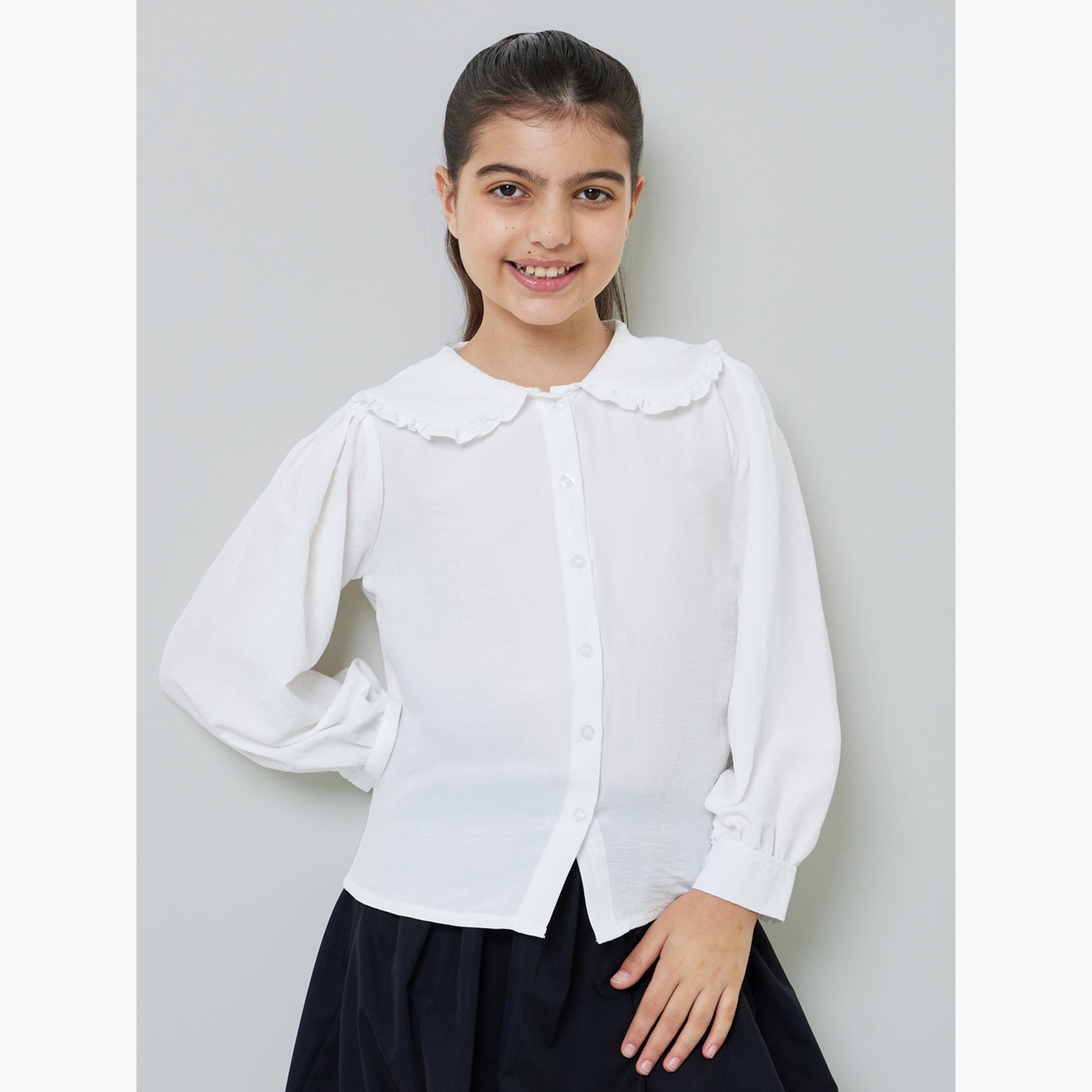 ستايلي - قميص أبيض بأكمام طويلة وياقة بيتر بان للفتيات المراهقات-girls-clothing-blousesandshirts-image-1