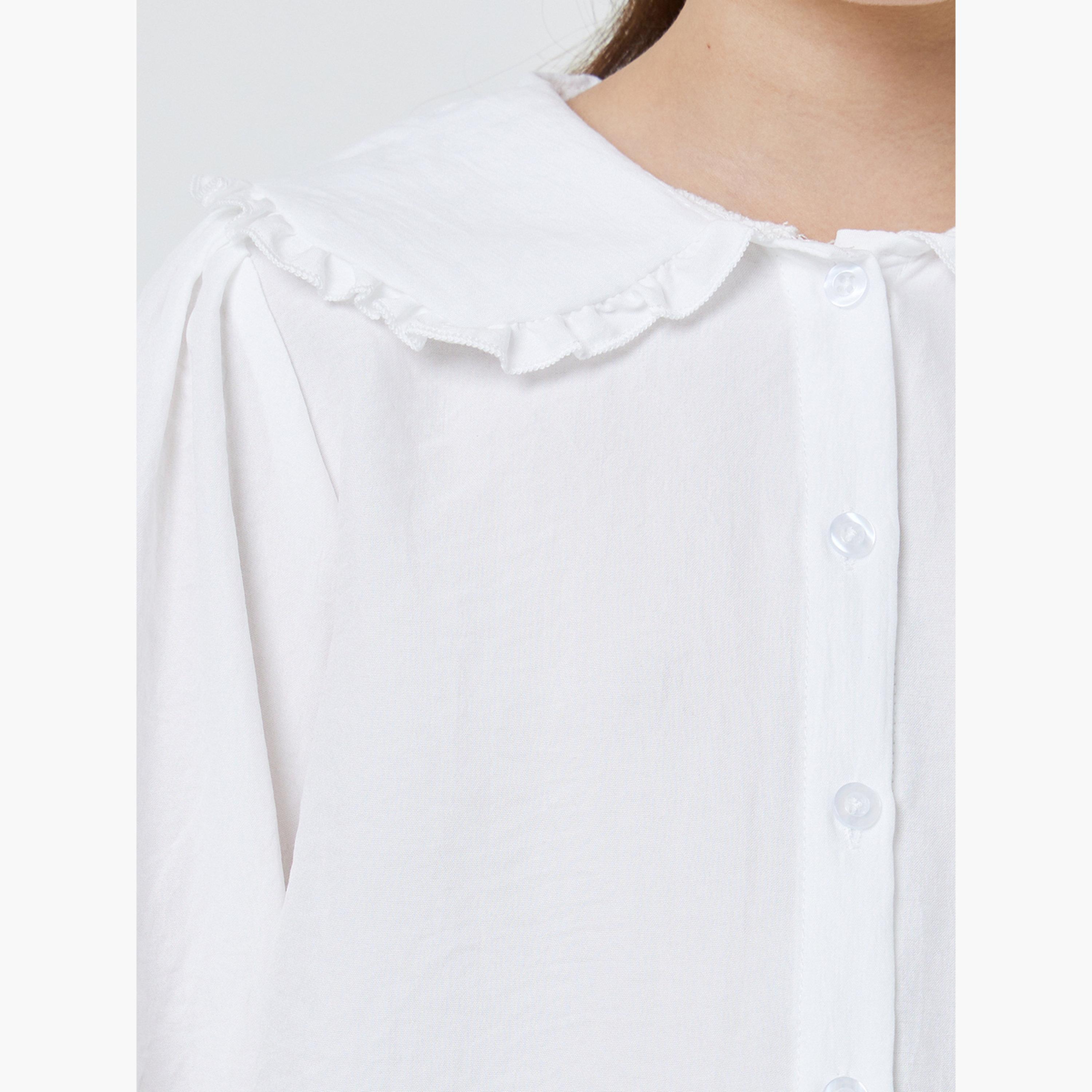 Styli Teen Girls White Peter Pan Collar Long Sleeve Shirt-girls-clothing-blousesandshirts-image-4