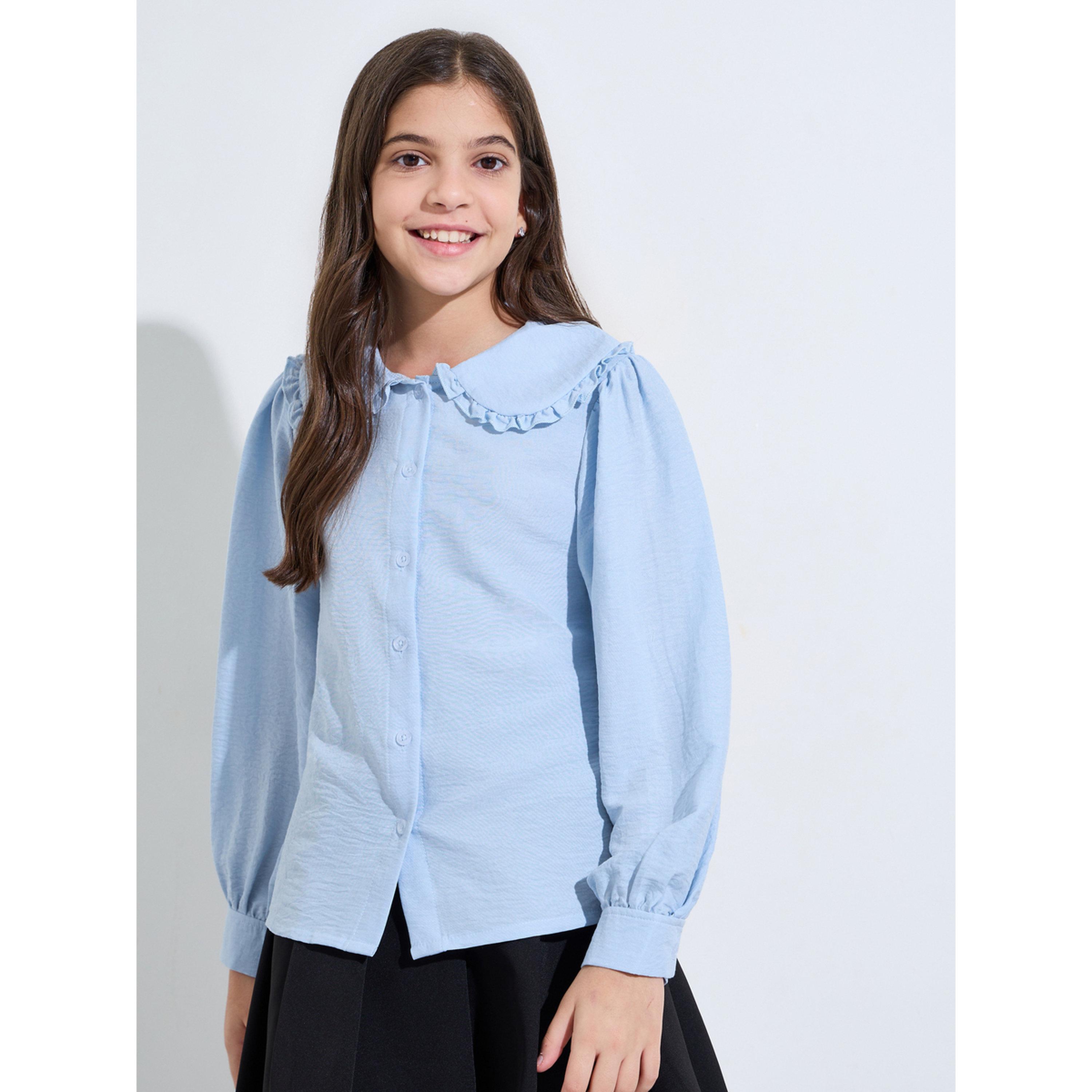 بلوزة بأكمام طويلة وياقة بيتر بان للبنات المراهقات - أزرق فاتح-girls-clothing-blousesandshirts-image-1