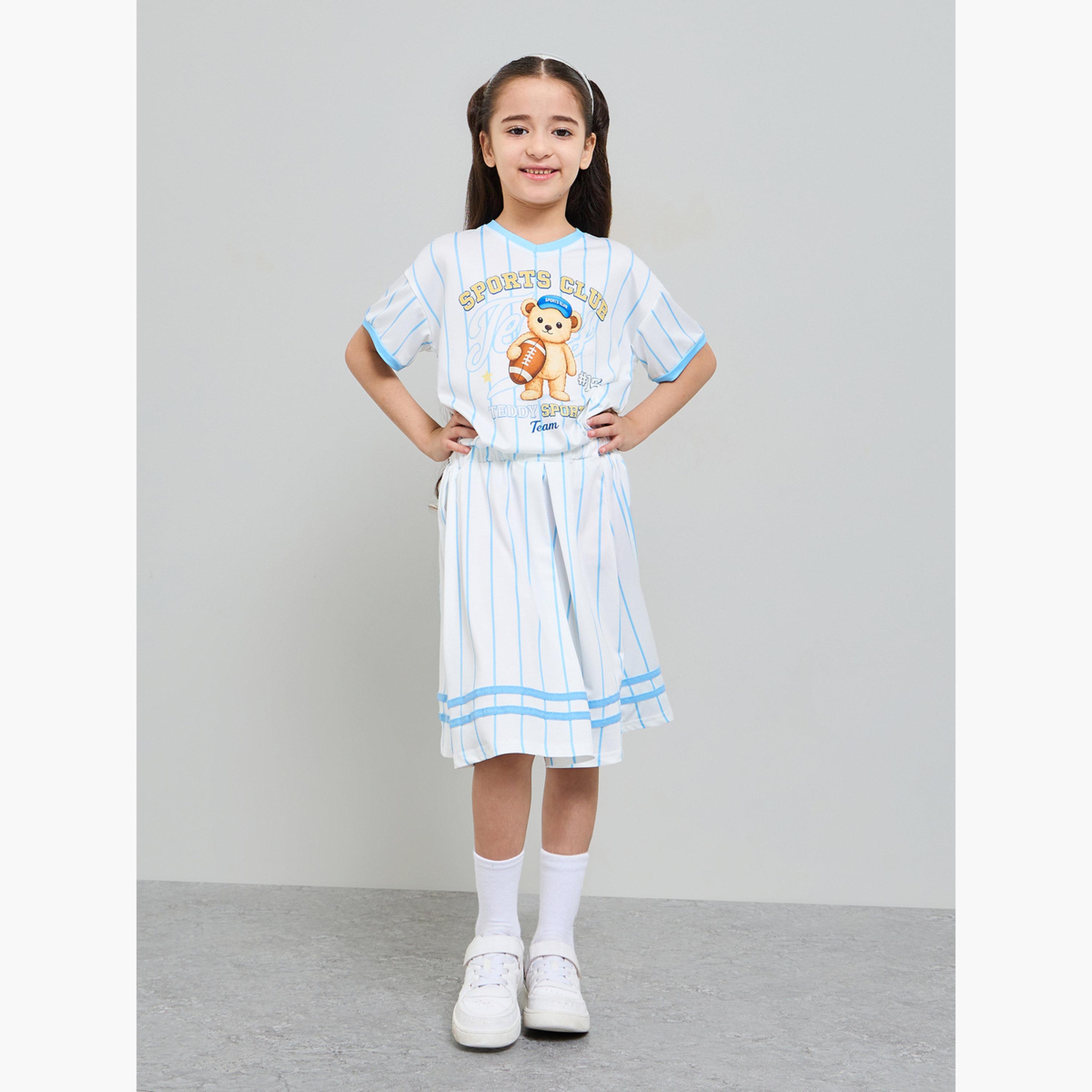 Styli Girls Graphic Bear T-Shirt and Striped Skirt Set-girls-clothing-setsandcoords-image-2