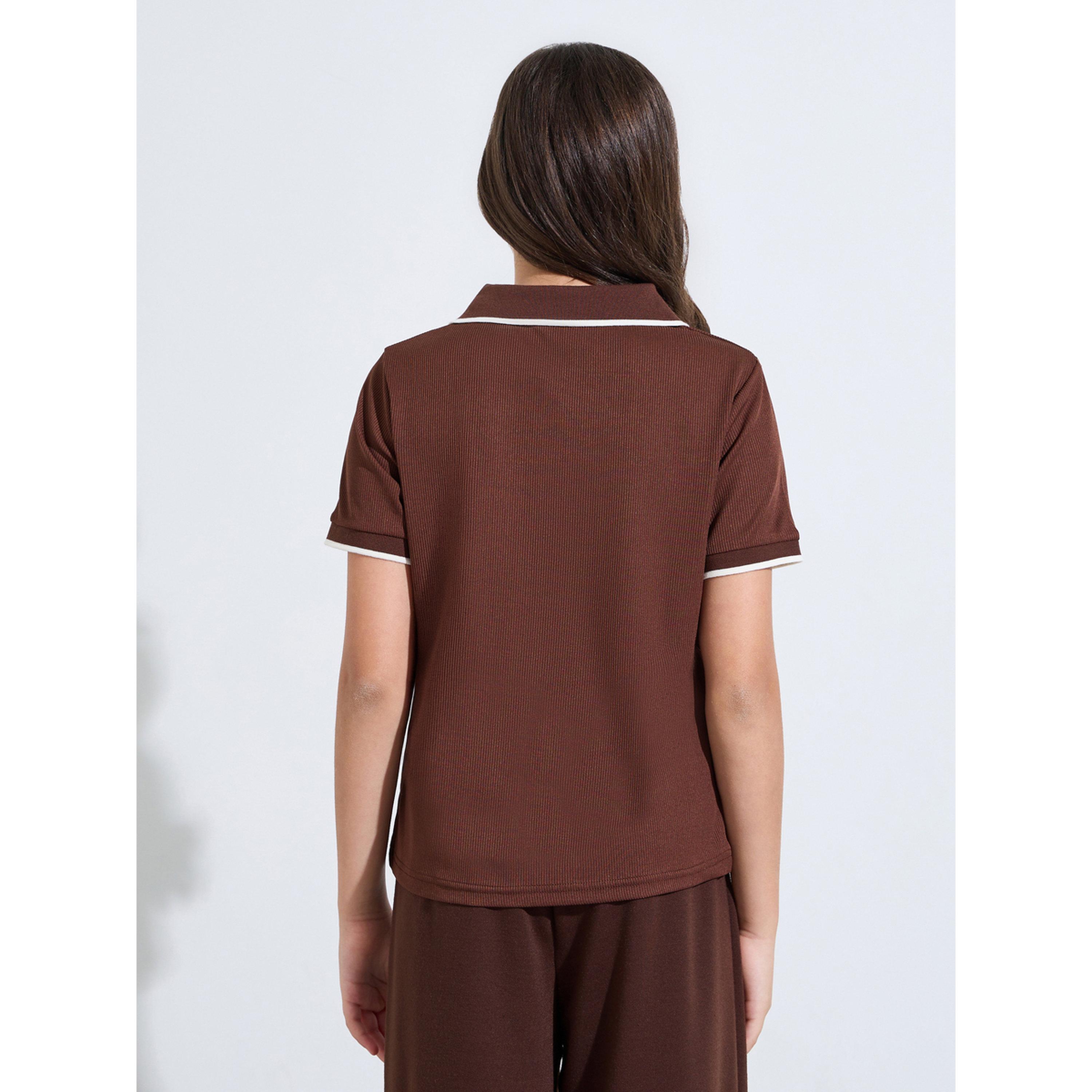 Styli Teen Girls Brown Ribbed Patchwork Detail Contrast Trim Polo T-Shirt-girls-clothing-tshirts-image-3