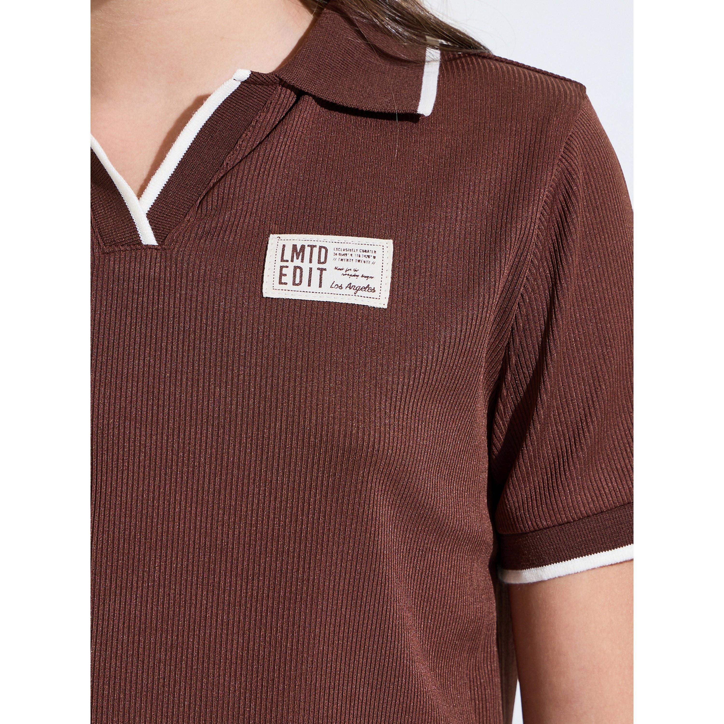 Styli Teen Girls Brown Ribbed Patchwork Detail Contrast Trim Polo T-Shirt-girls-clothing-tshirts-image-4