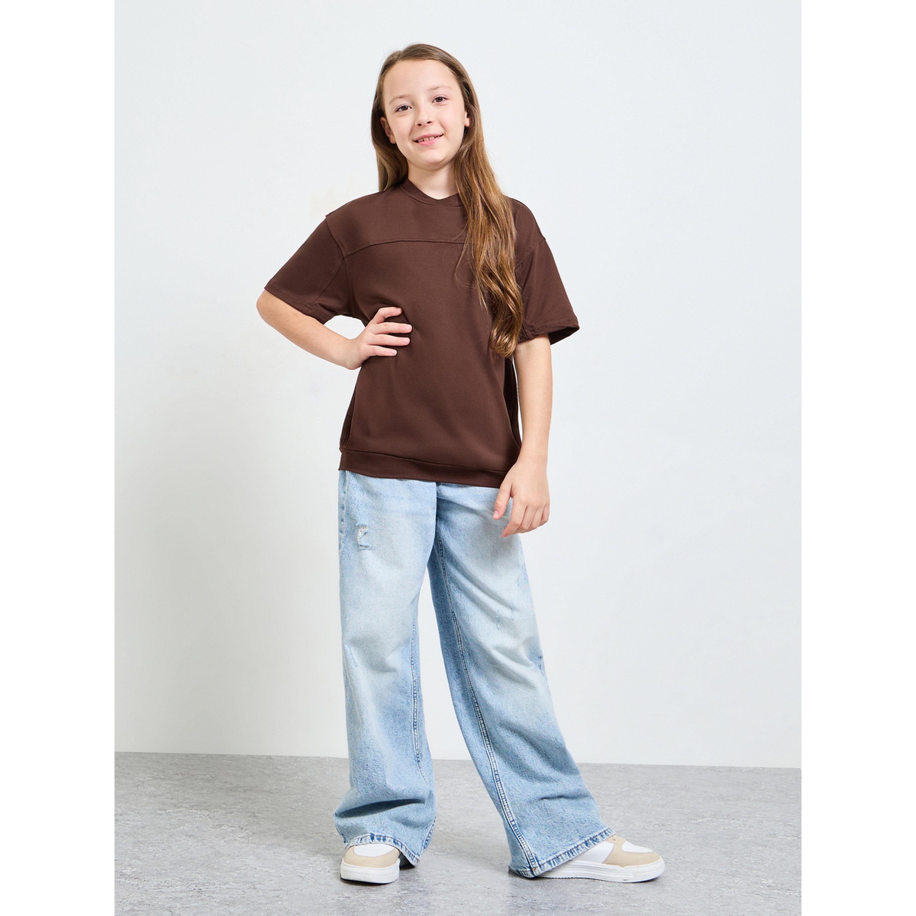 Styli Teen Girls Brown Drop Shoulder Oversized T-Shirt-girls-clothing-tshirts-image-2