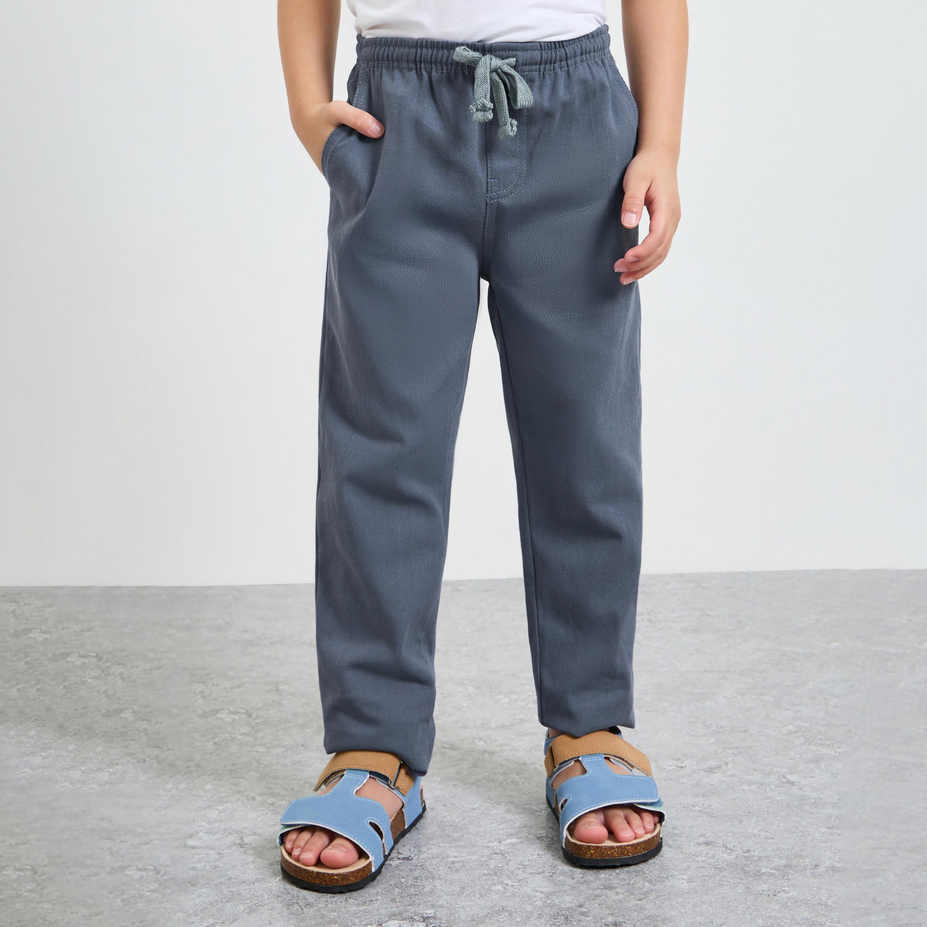Styli Boys Grey Relaxed Fit Cotton Pants with Drawstring Waist-boys-clothing-bottoms-trousers-image-1