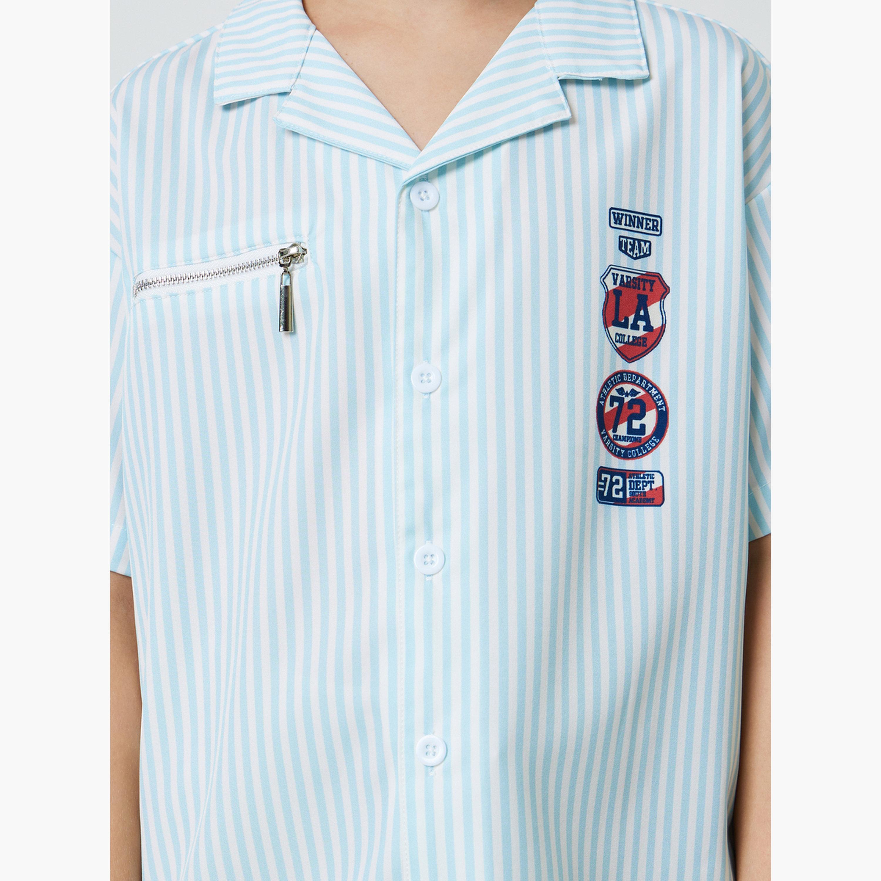 قميص مخطط بأكمام قصيرة وتفاصيل سحاب للأولاد-boys-clothing-shirts-image-4
